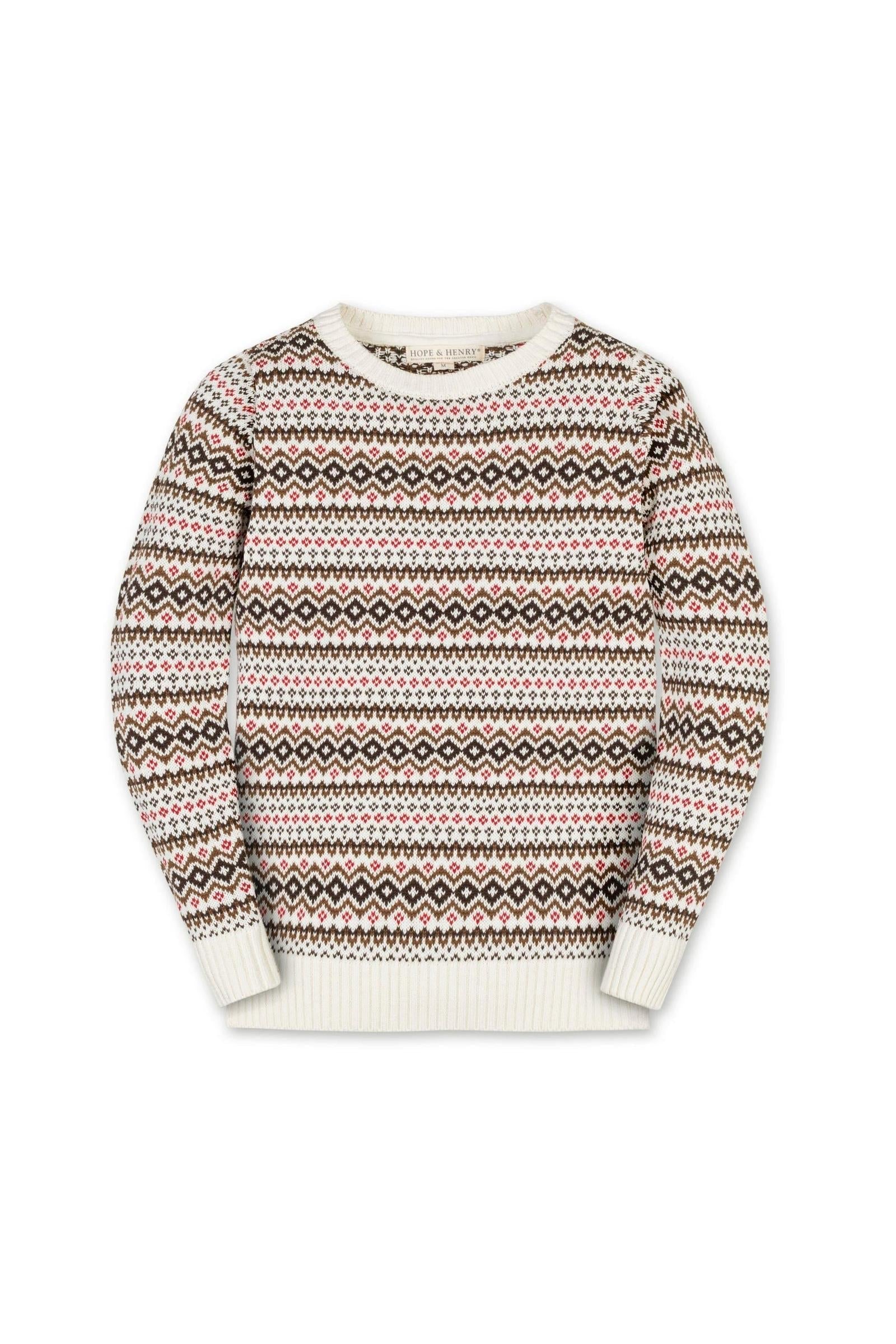 Organic Cotton Intarsia Crew Neck Sweater, Ivory Fireside Fair Isle, Sizes 2-20