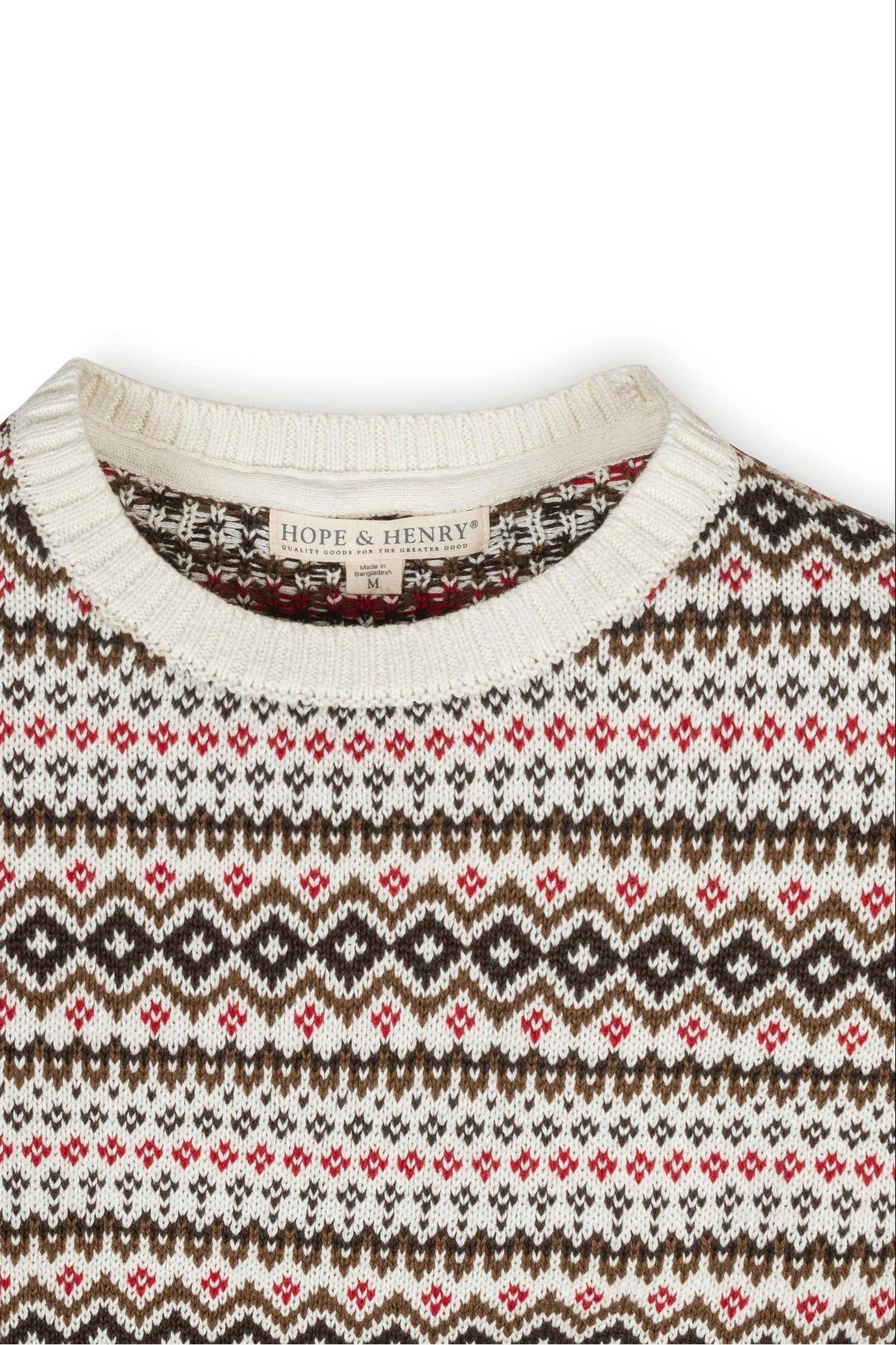 Organic Cotton Intarsia Crew Neck Sweater, Ivory Fireside Fair Isle, Sizes 2-20