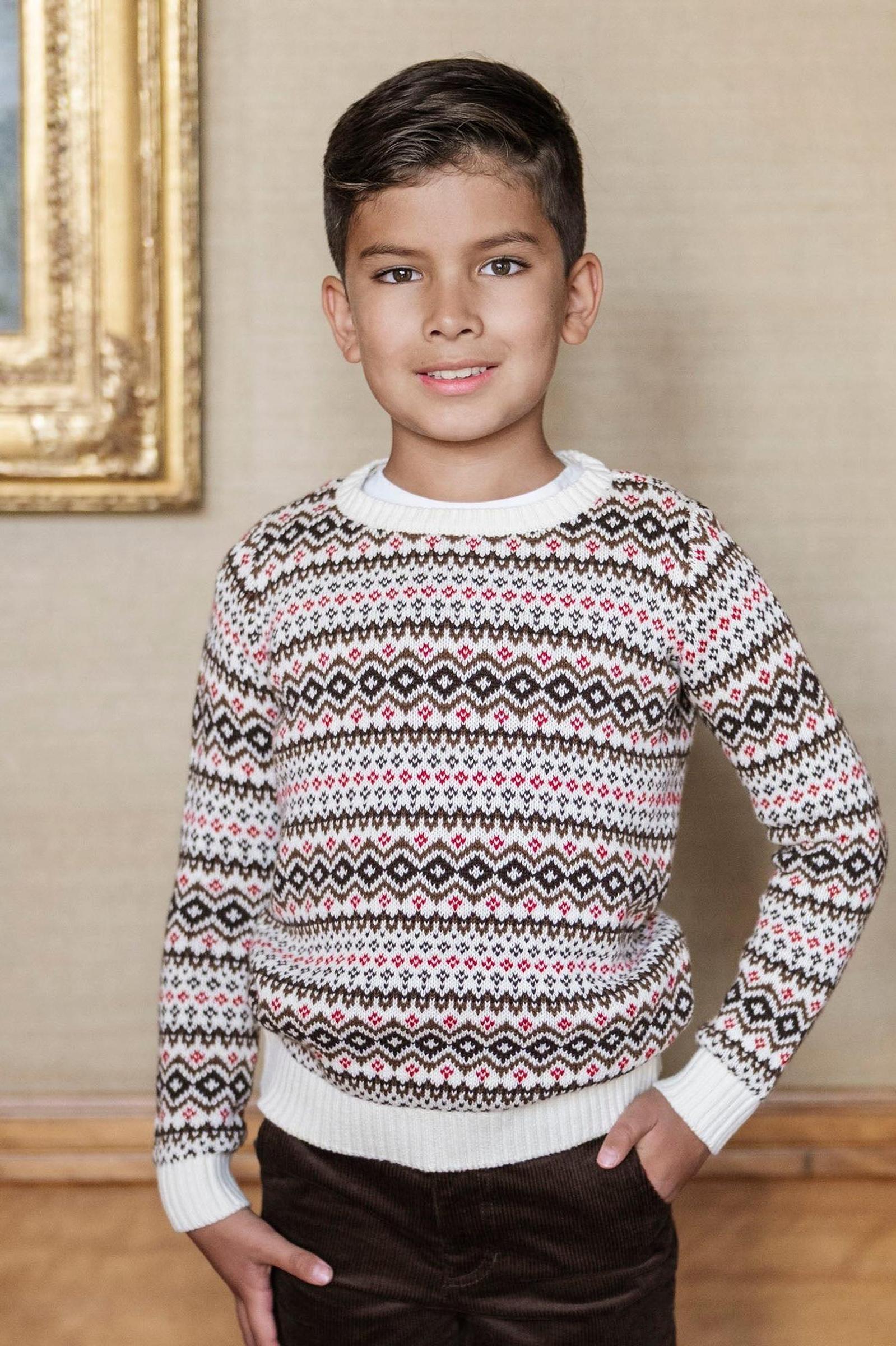 Organic Cotton Intarsia Crew Neck Sweater, Ivory Fireside Fair Isle, Sizes 2-20