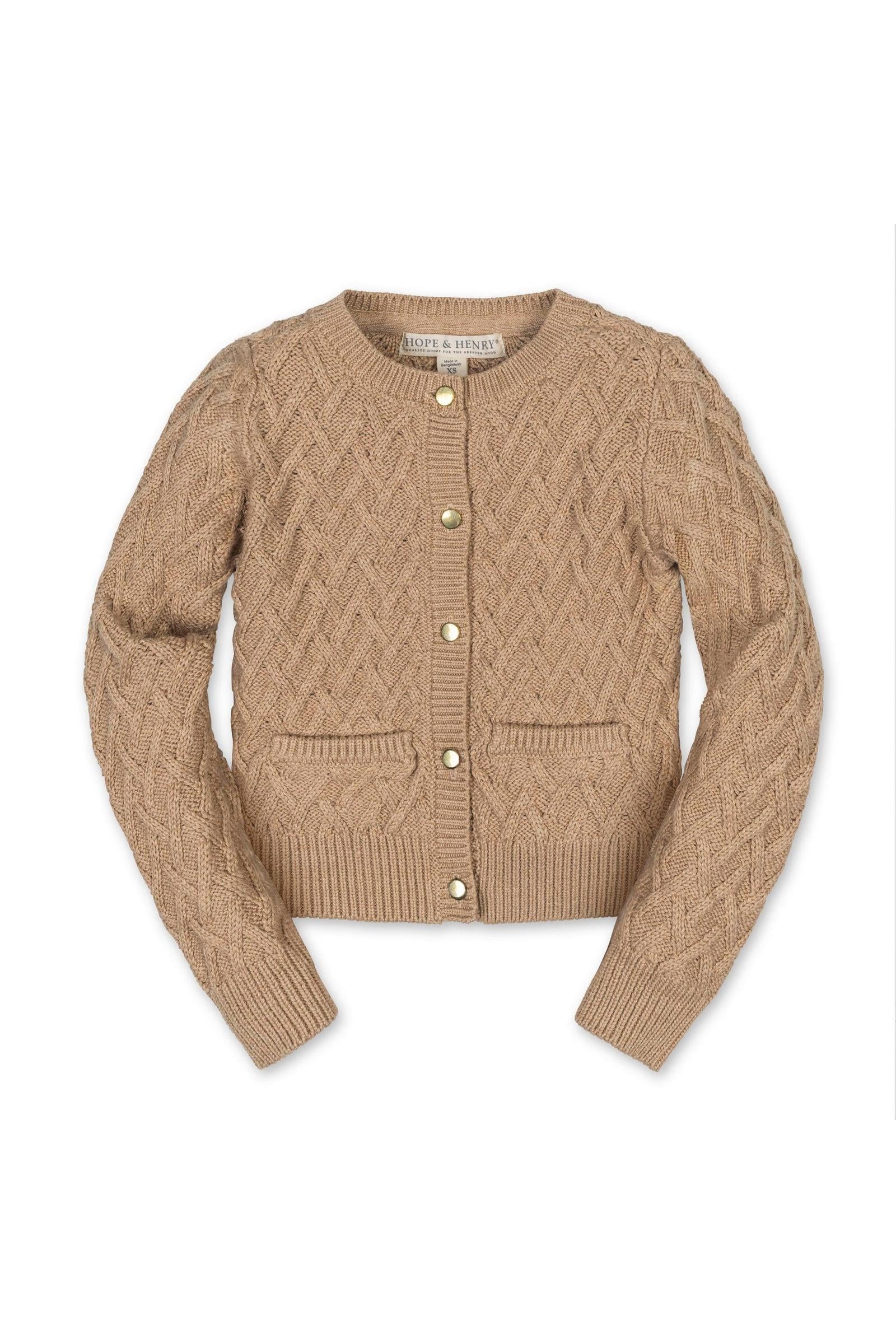 Organic Cotton Herringbone Cardigan for Girls, Camel, Toddler & Kids