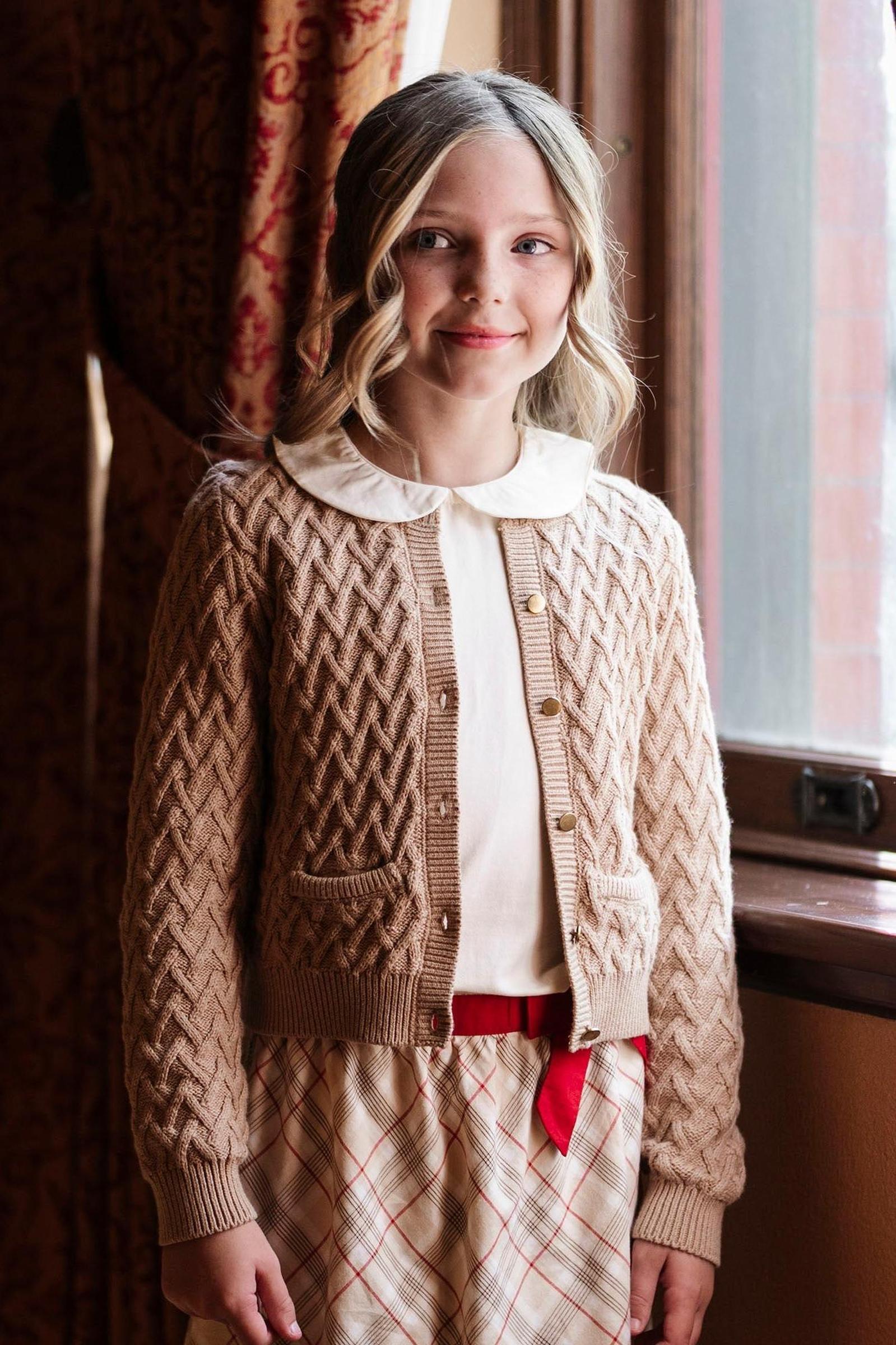 Organic Cotton Herringbone Cardigan for Girls, Camel, Toddler & Kids