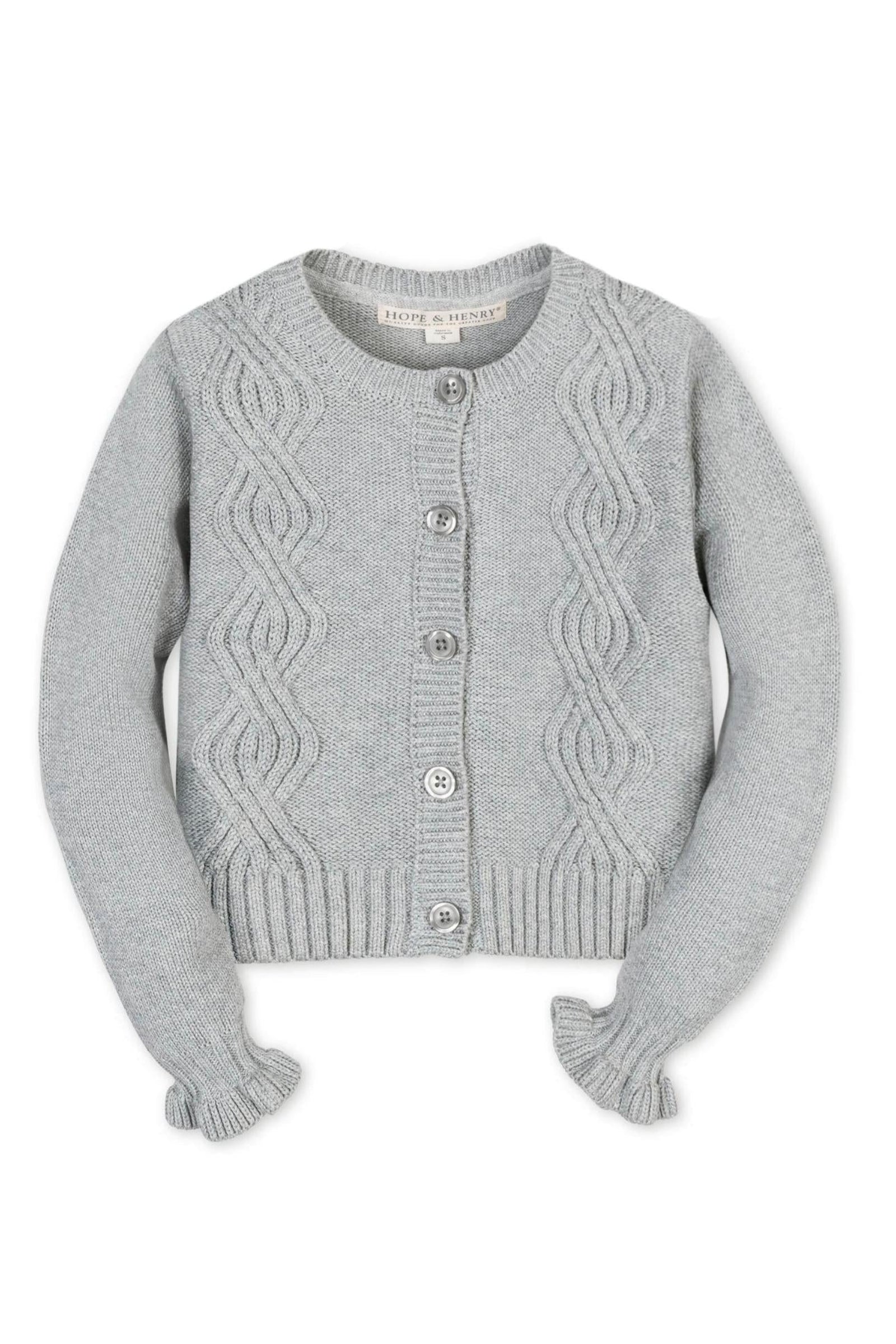 Organic Cotton Ruffle Cuff Cable Cardigan for Girls, Gray, Toddlers & Kids