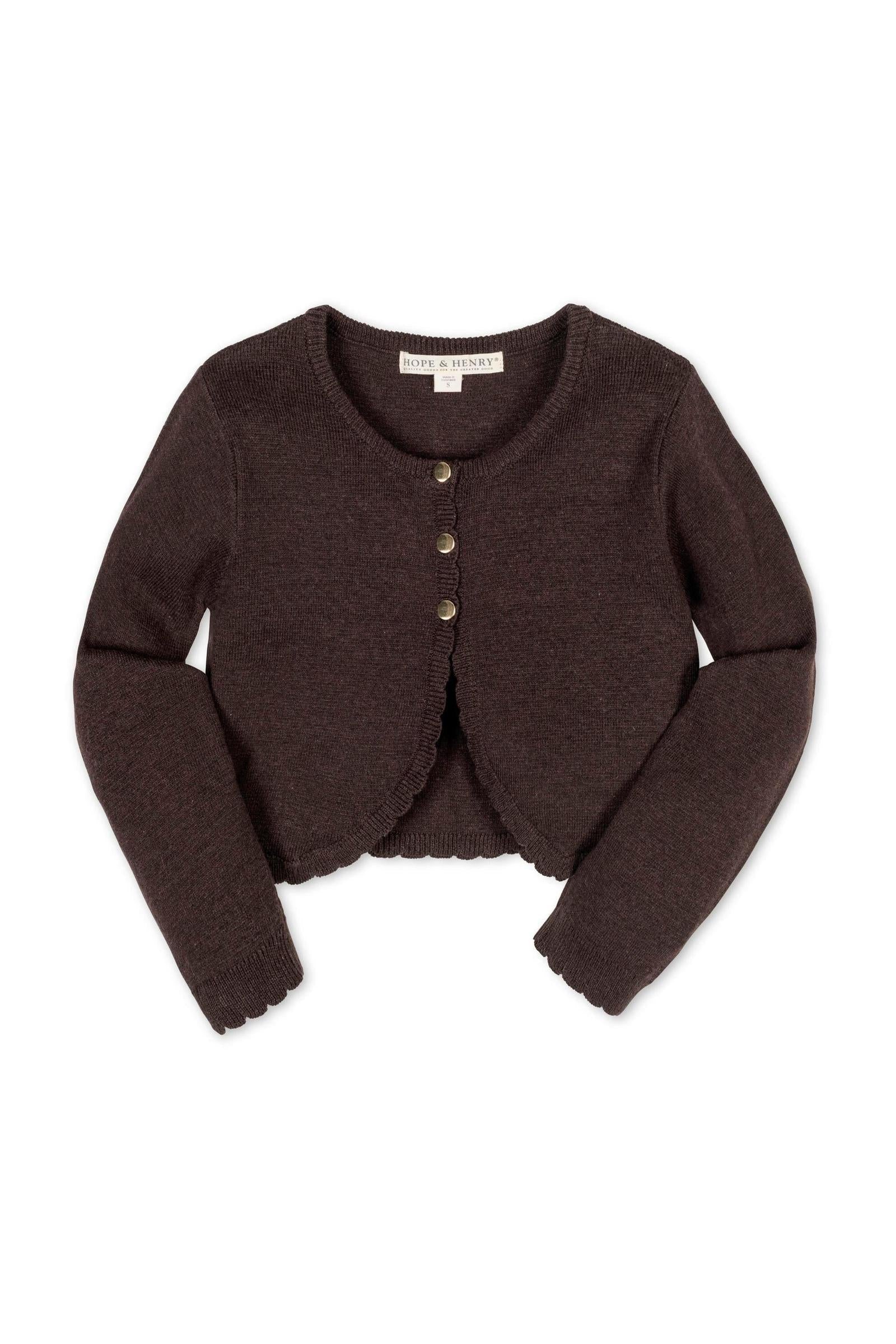 Organic Cotton Cropped Scallop Cardigan for Girls, Chocolate Brown Knit, Toddler & Kids