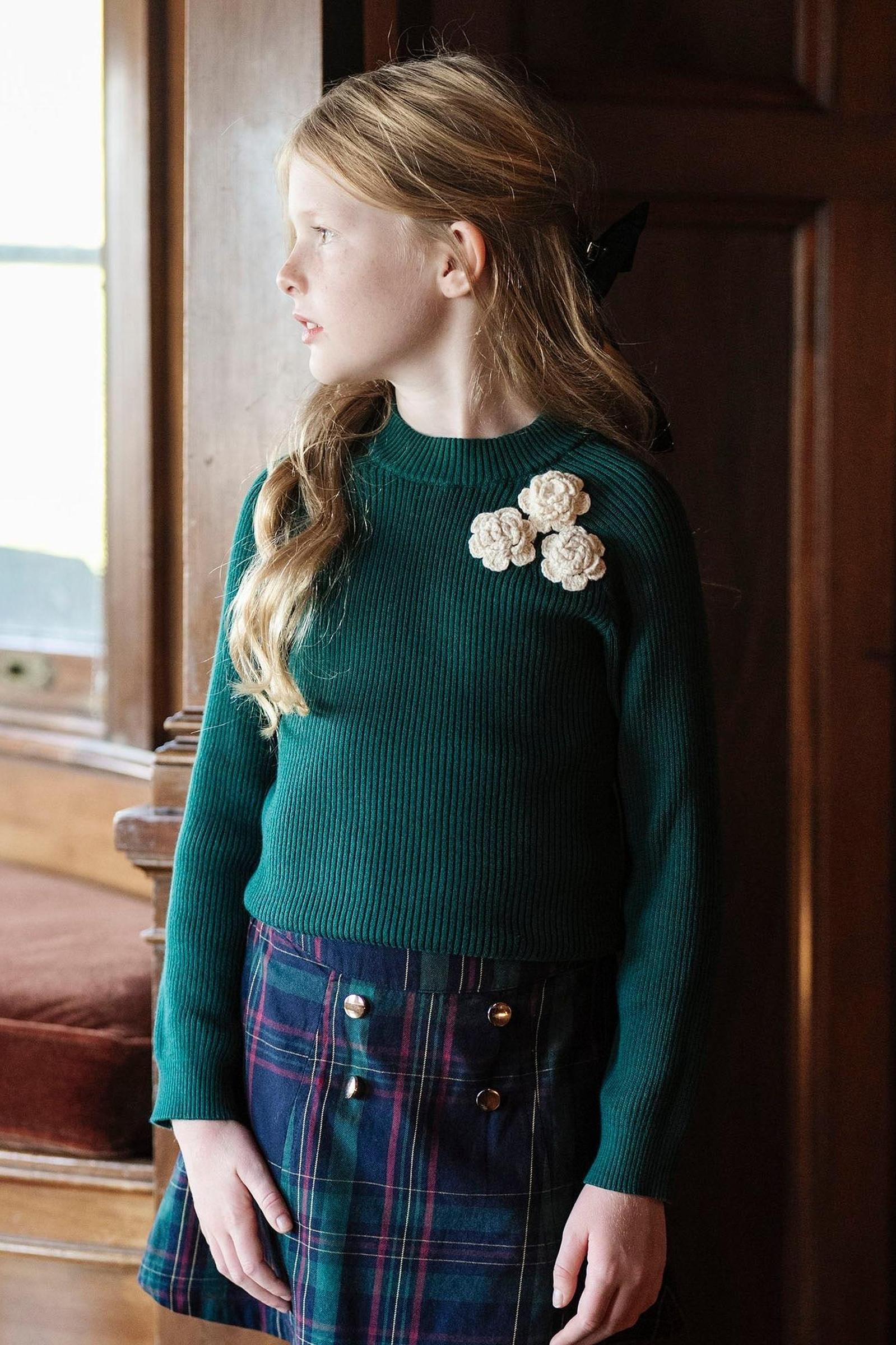 Organic Cotton Mock Neck Rosette Sweater for Girls, Green, Toddler & Kids