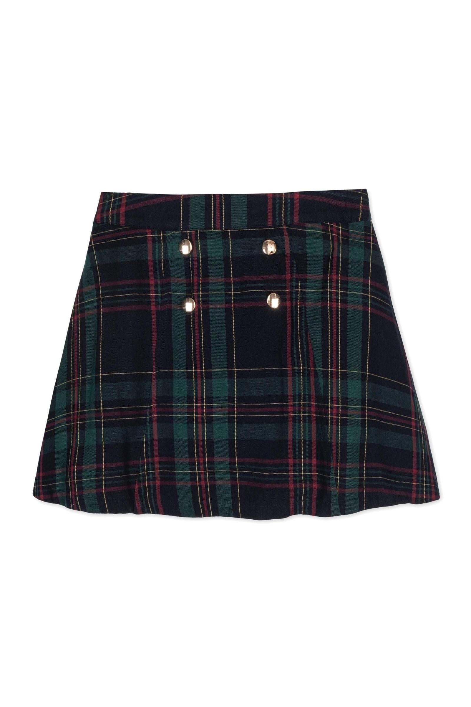 Organic Cotton Double Button Skirt For Girls, Navy/Green Plaid, Toddler & Kids