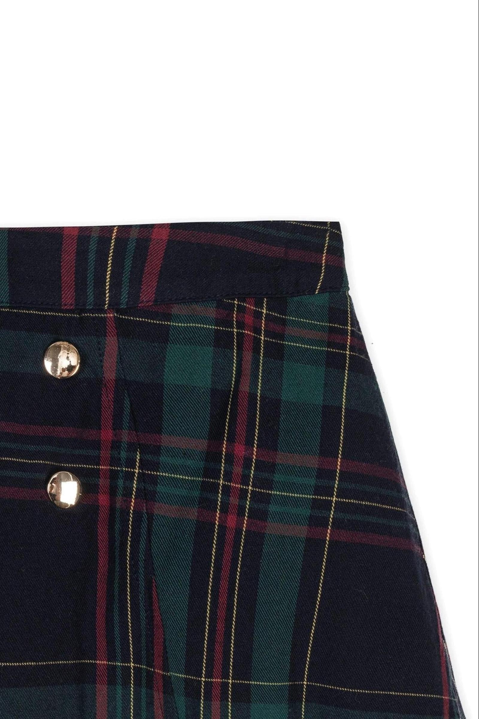 Organic Cotton Double Button Skirt For Girls, Navy/Green Plaid, Toddler & Kids