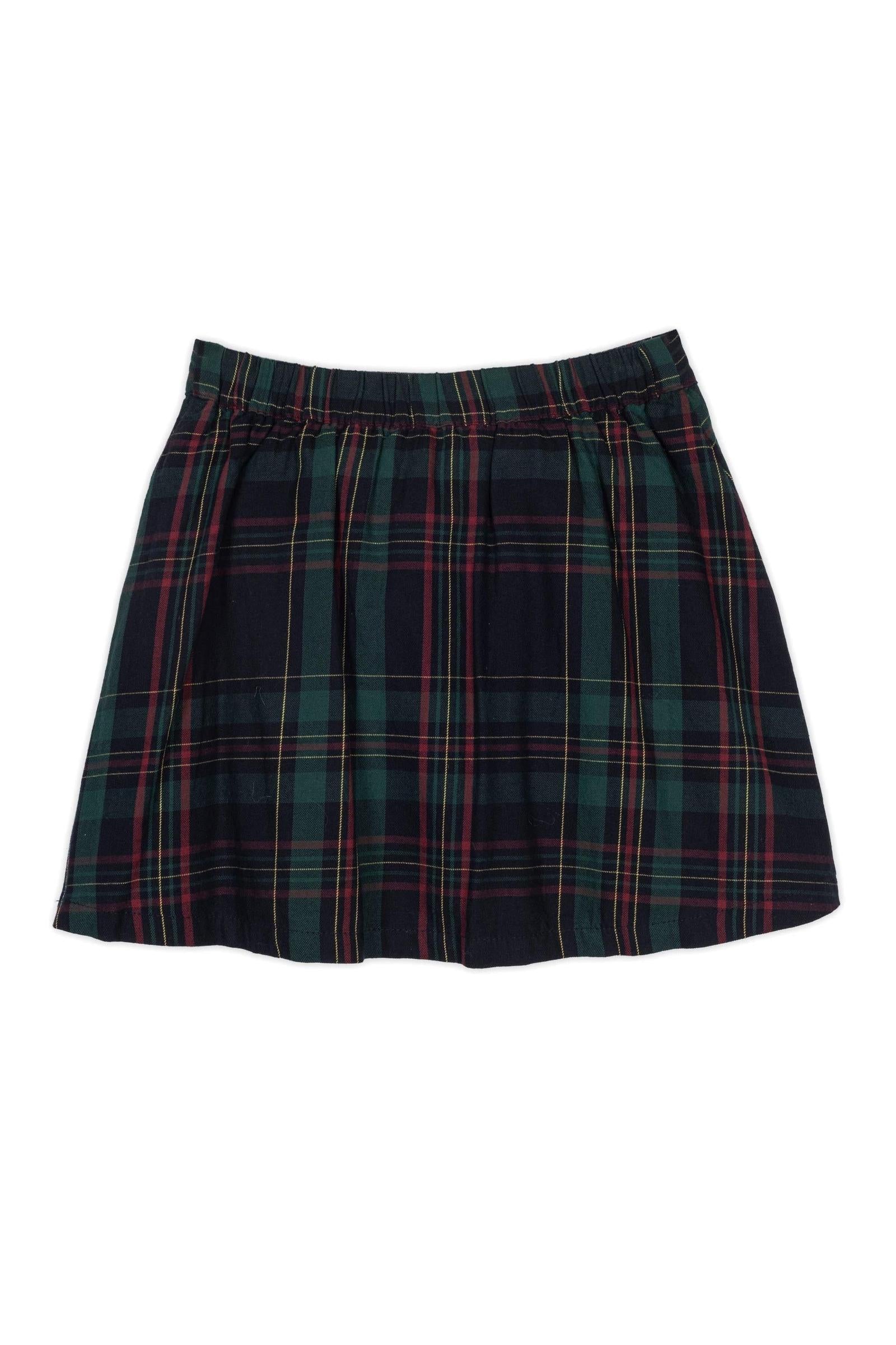 Organic Cotton Double Button Skirt For Girls, Navy/Green Plaid, Toddler & Kids