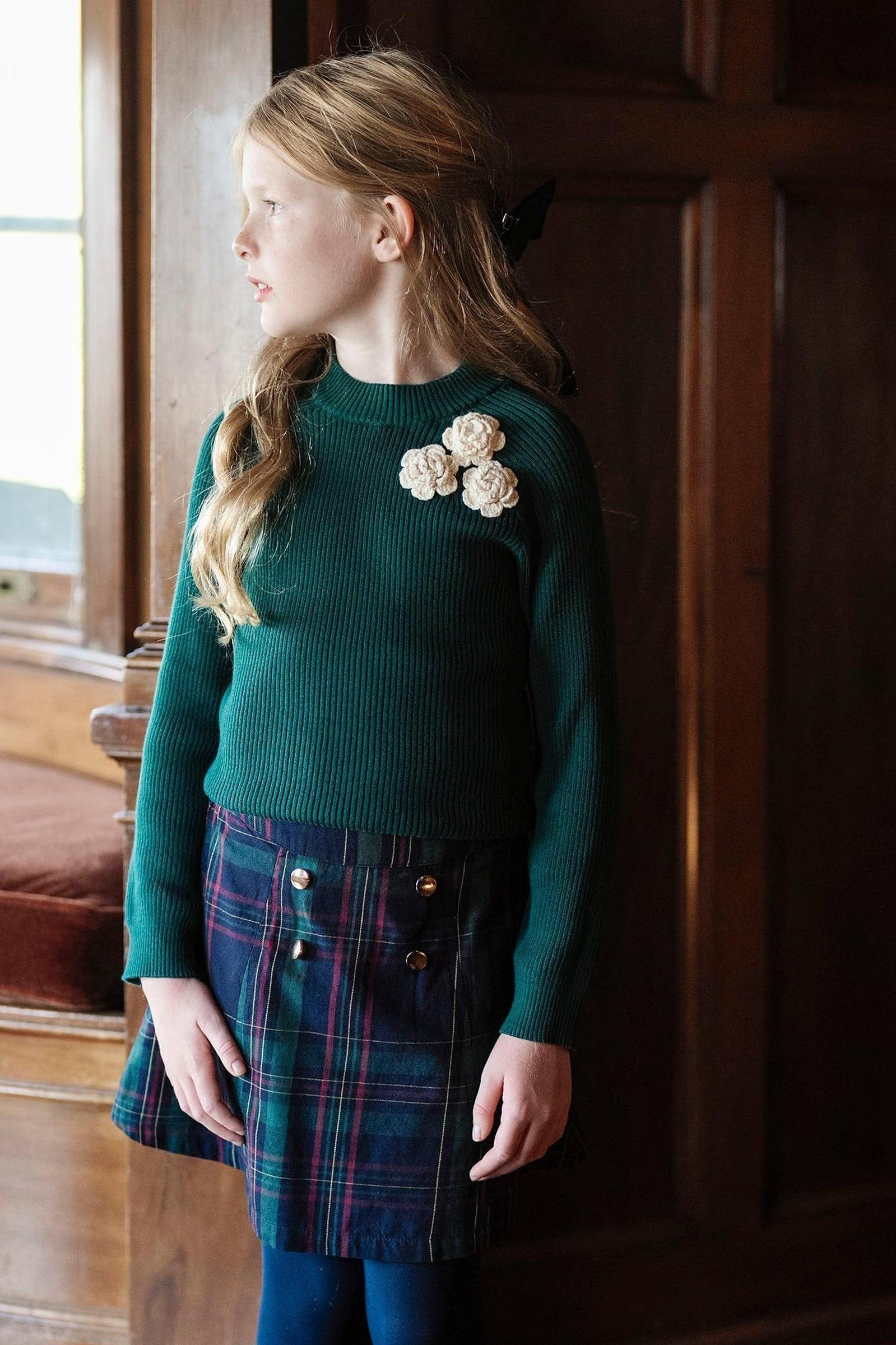 Organic Cotton Double Button Skirt For Girls, Navy/Green Plaid, Toddler & Kids