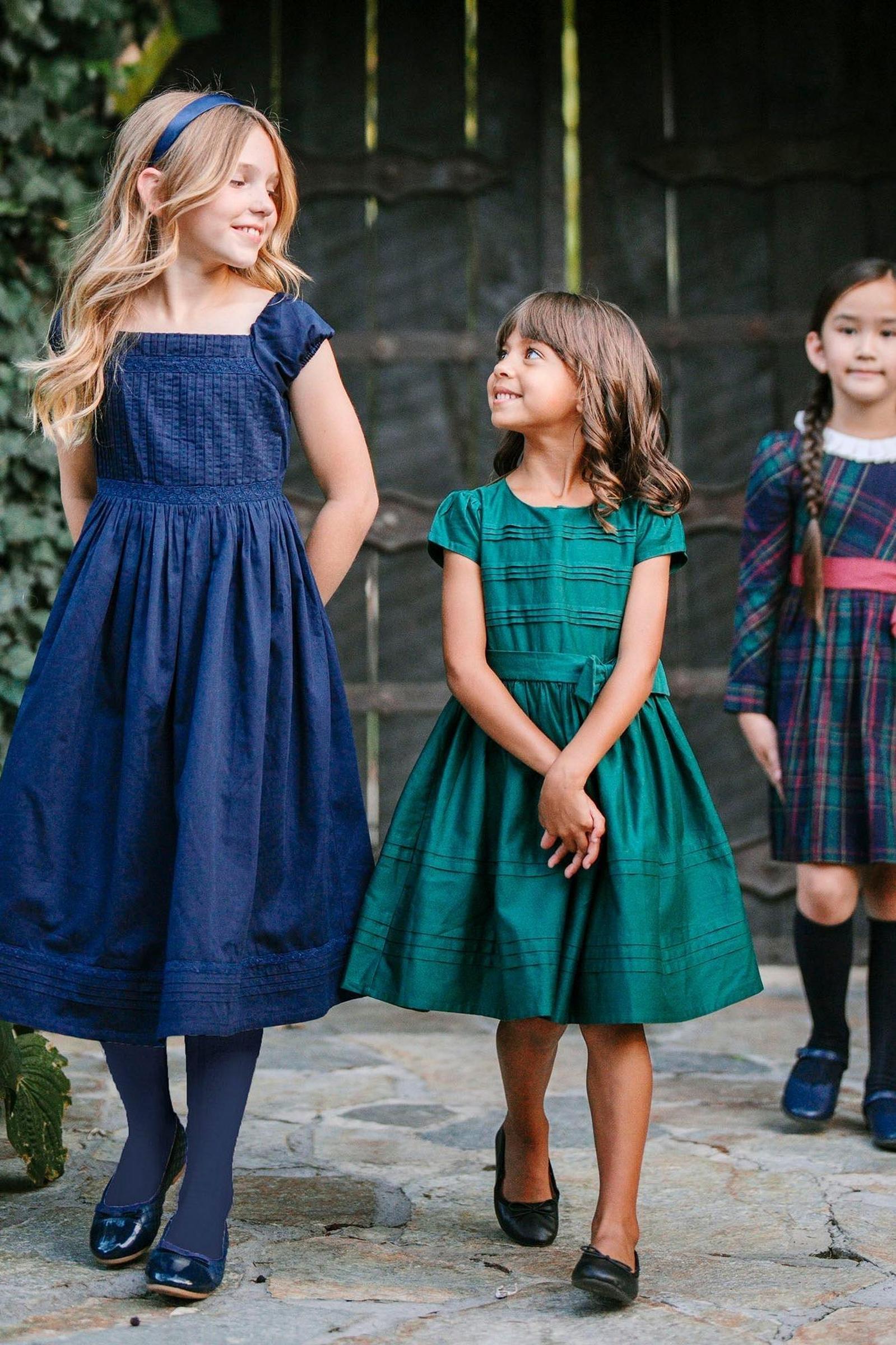 Organic Cotton Puff Sleeve Pintuck Dress for Girls, Navy, Toddler & Kids
