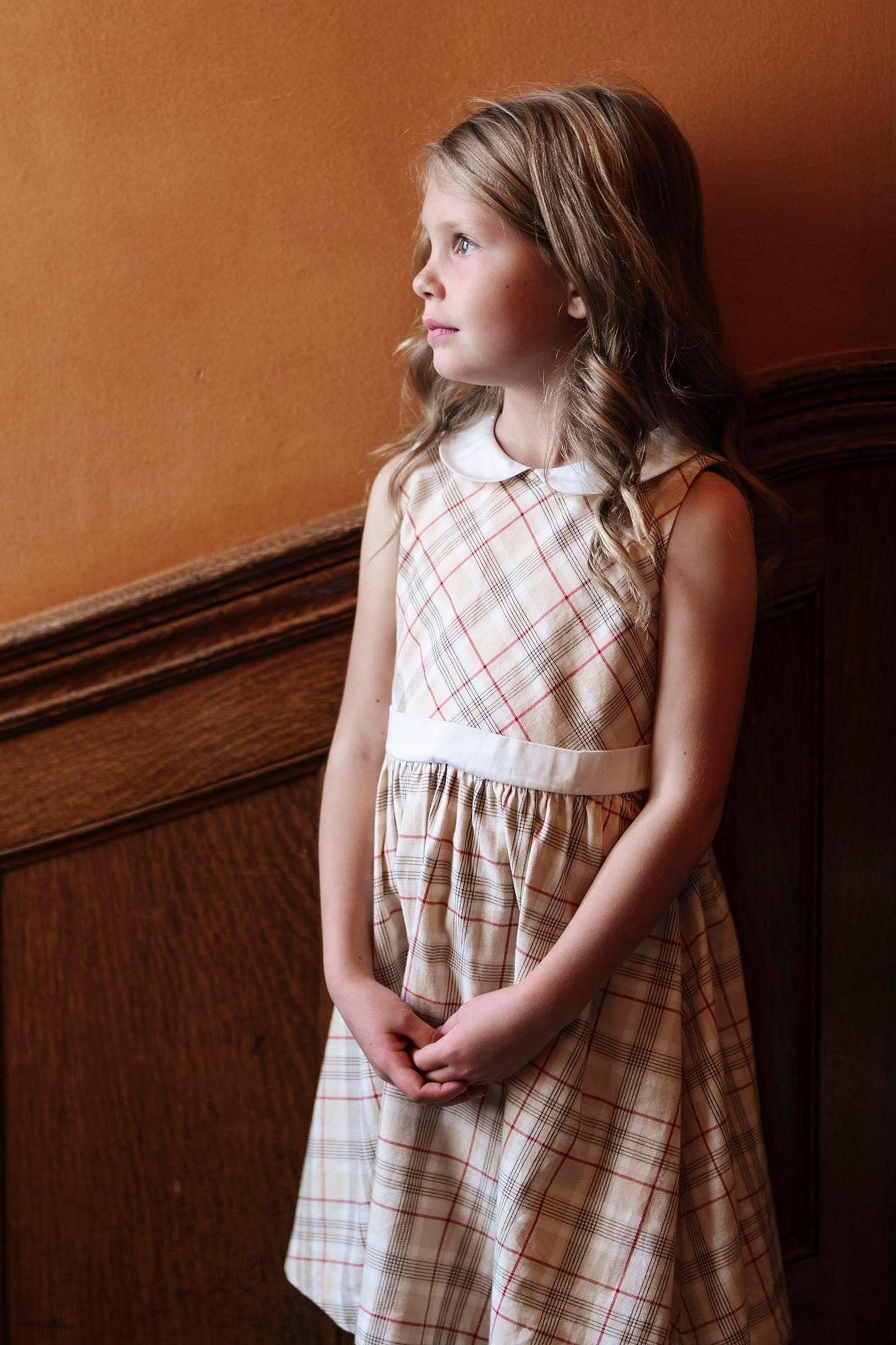 Organic Cotton Sleeveless Peter Pan Collar Party Dress, Ivory Fireside Plaid, Toddler & Kids