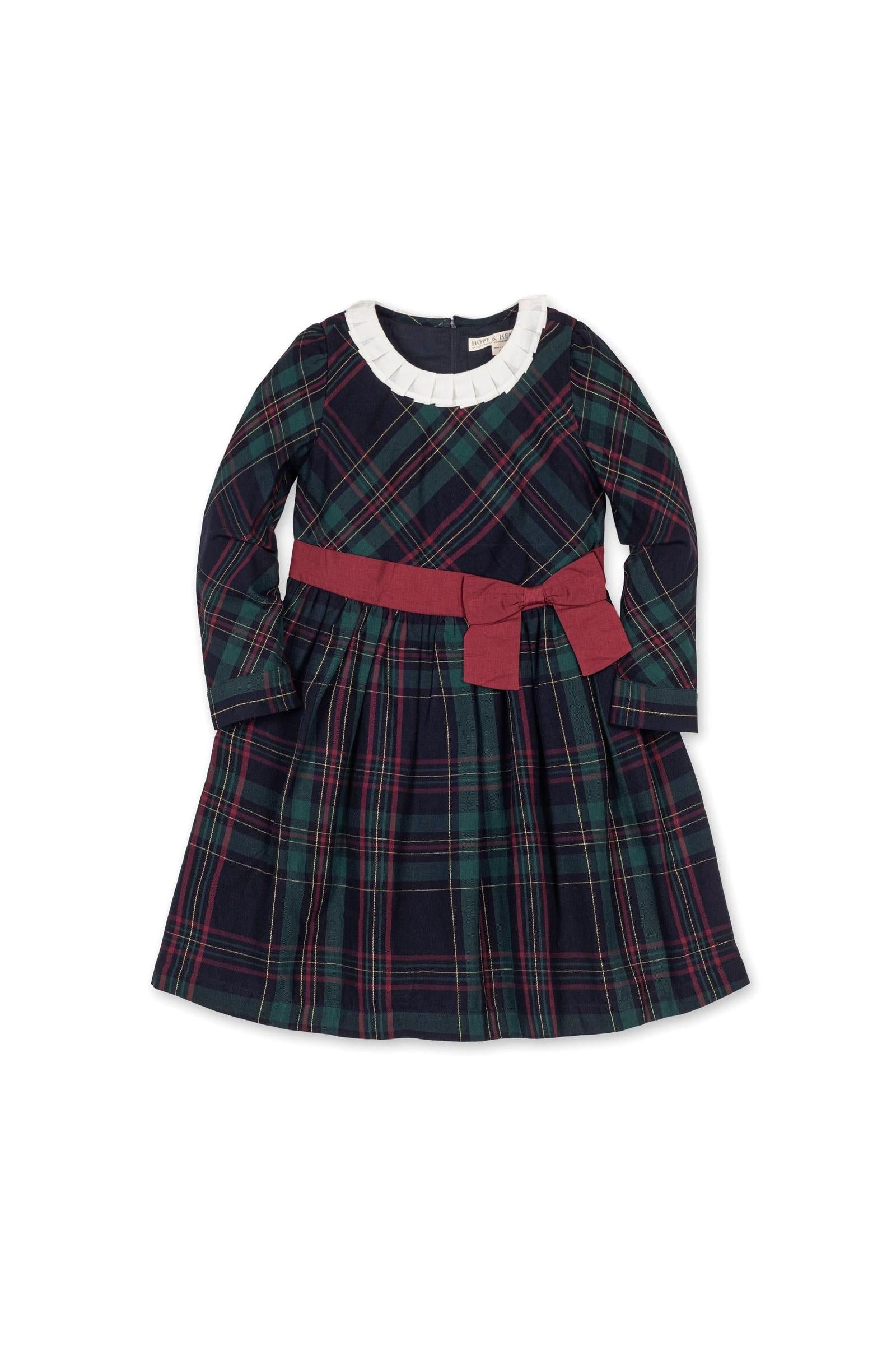 Organic Cotton Scottish Plaid Party Dress with Pleated Collar, Toddler & Kids, Family Matching Outfits