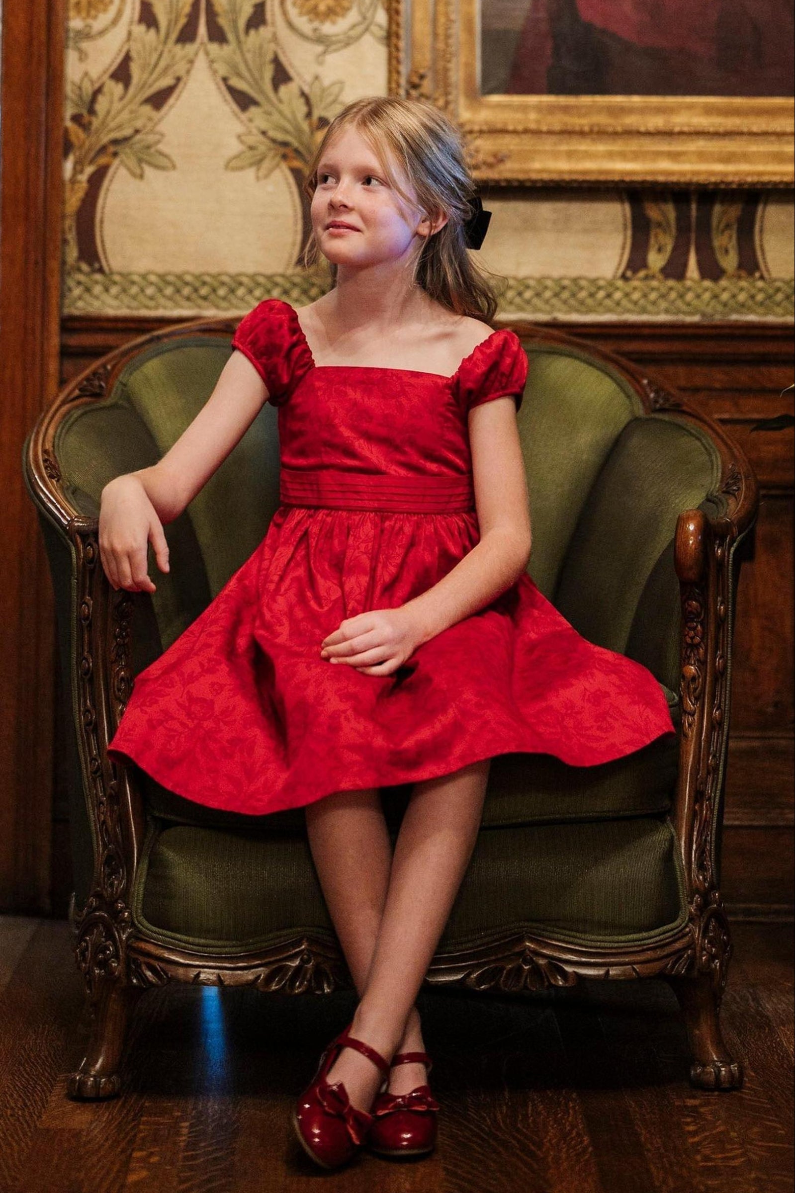 Organic Cotton Puff Sleeve Sateen Dress for Girls, Fireside Red Toile, Toddler & Kids