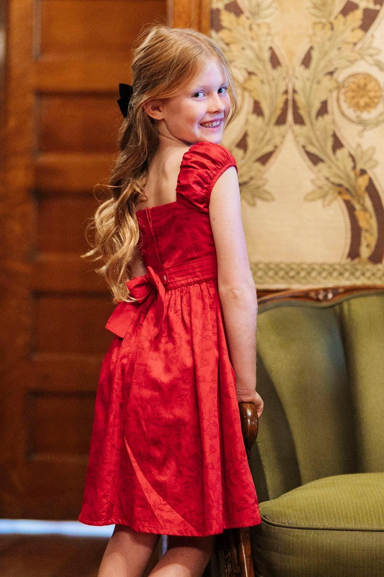 Organic Cotton Puff Sleeve Sateen Dress for Girls, Fireside Red Toile, Toddler & Kids