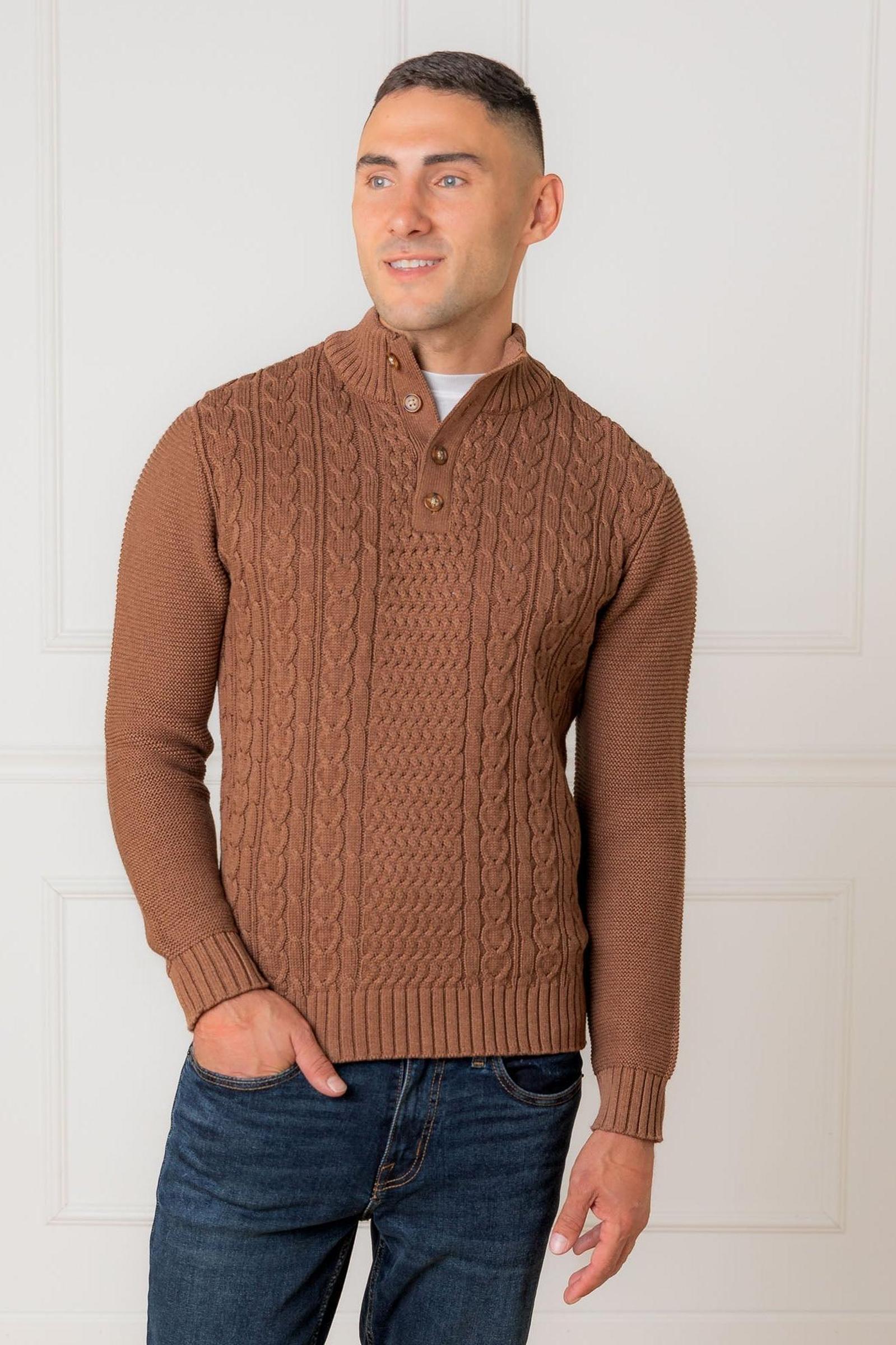 Organic Cotton Mock Neck Cable Sweater, Cinnamon Heather, Men, Family Matching Outfits