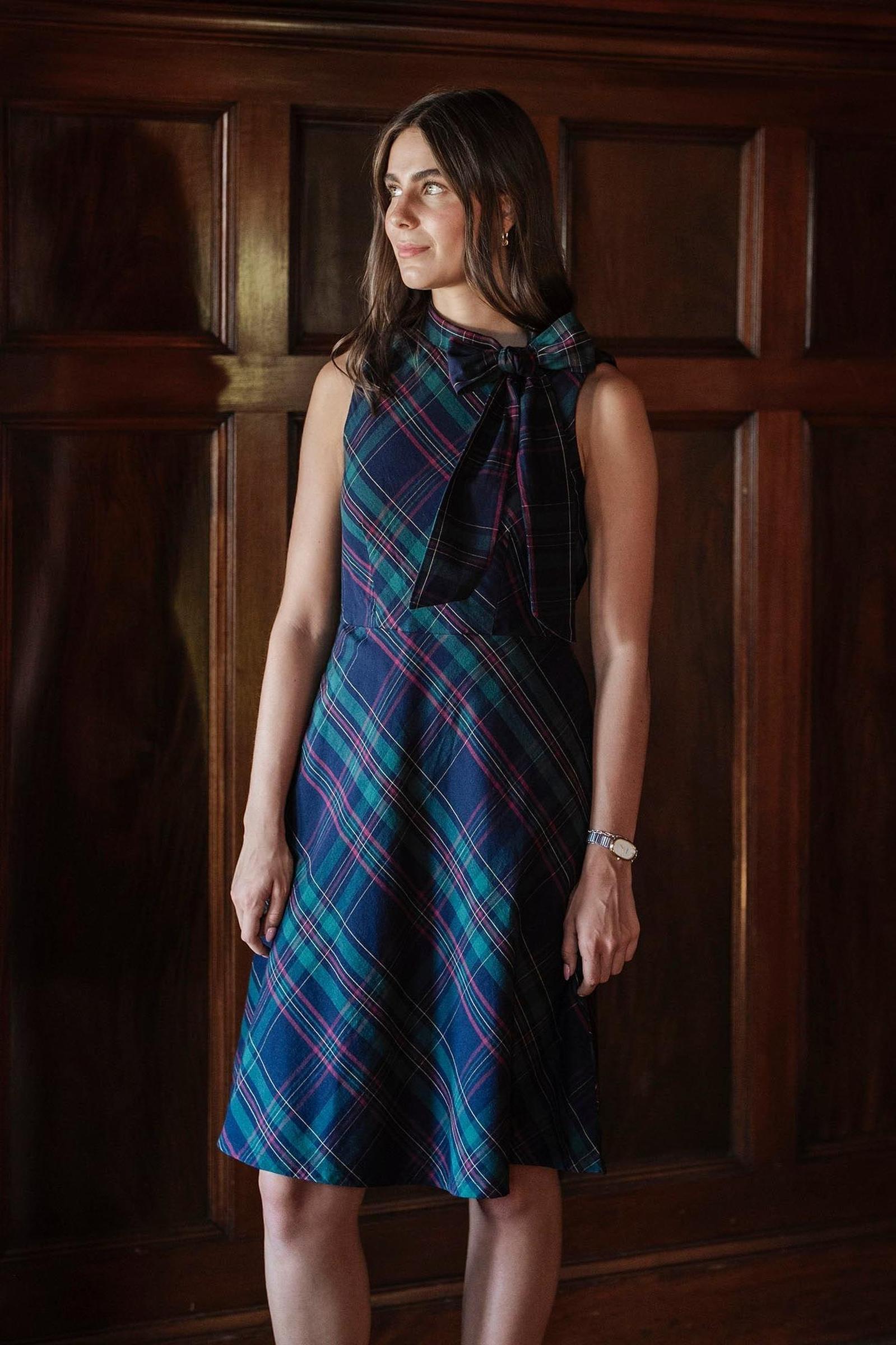 Organic Cotton Bow Neck Dress, Scottish Plaid, Women, Family Matching Outfits