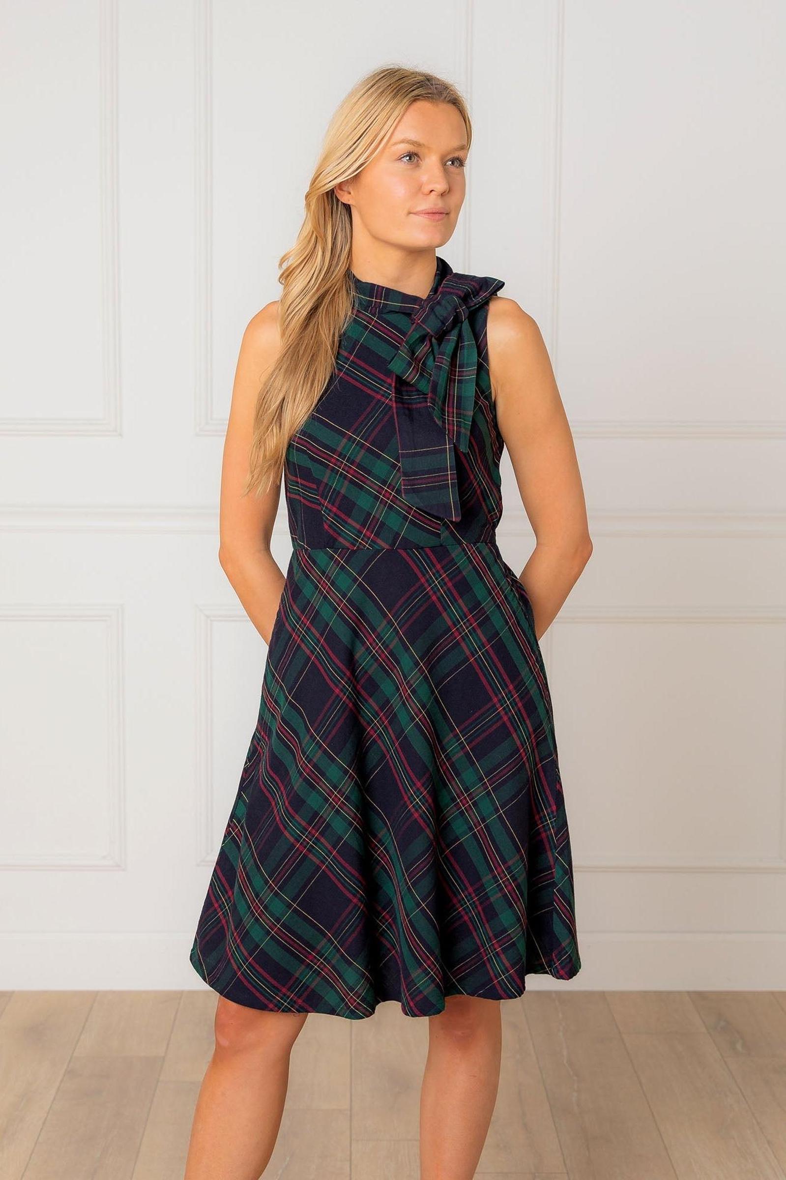 Organic Cotton Bow Neck Dress, Scottish Plaid, Women, Family Matching Outfits