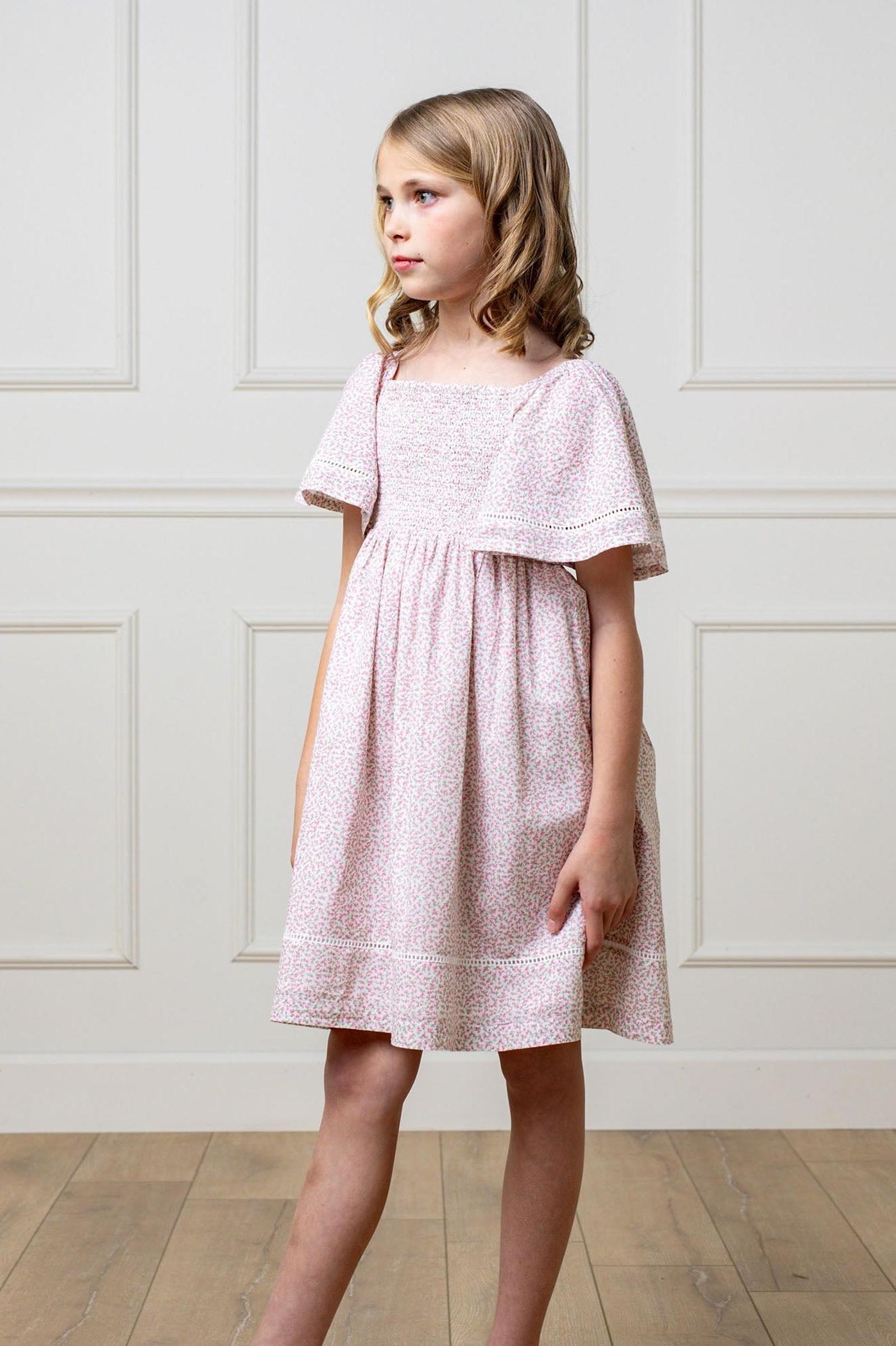 Organic Cotton Smocked Bell Sleeve Dress Girls, Vintage Petal Ditsy, Toddler & Kids