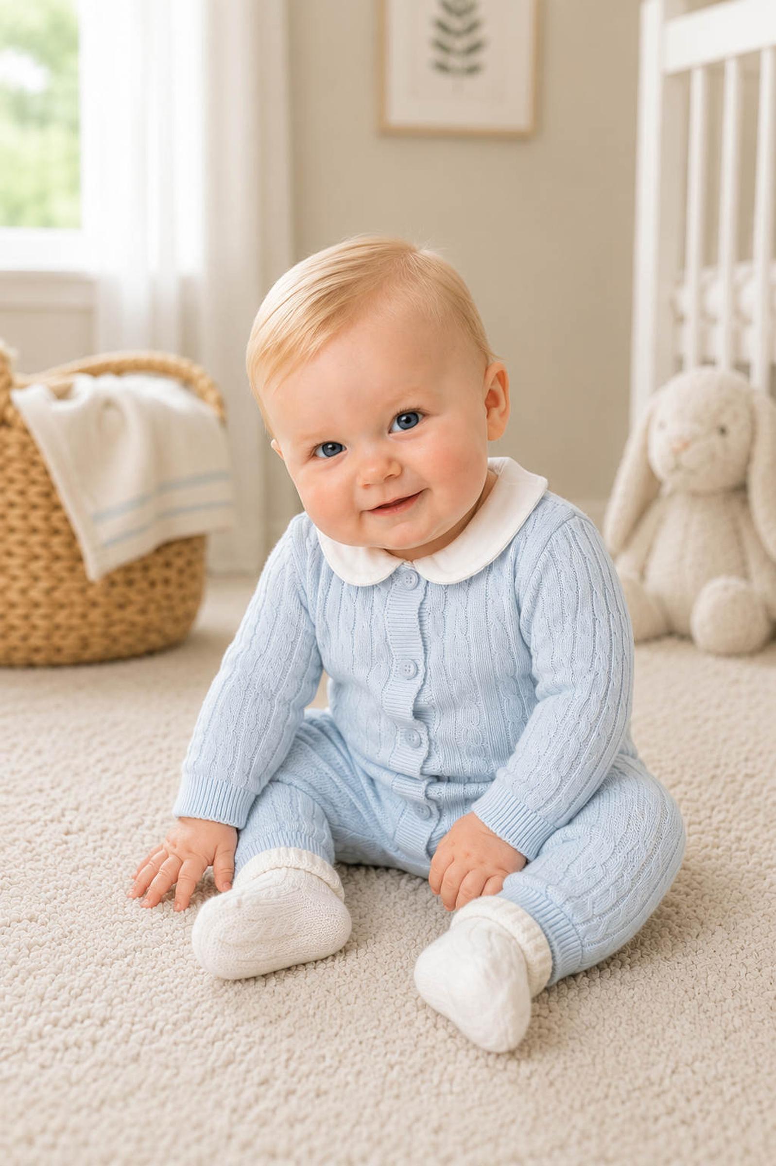 Organic Cotton Peter Pan Collar Sweater Romper, Light Blue