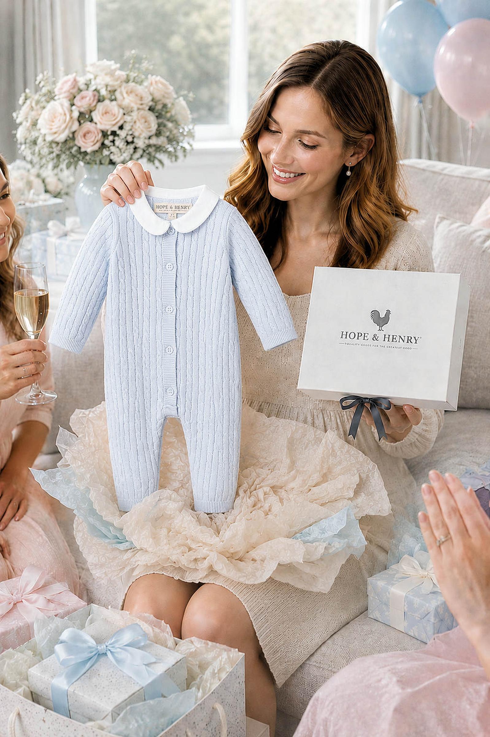Baby Organic Peter Pan Collar Romper 3-Piece Boxed Gift Set, Pale Blue