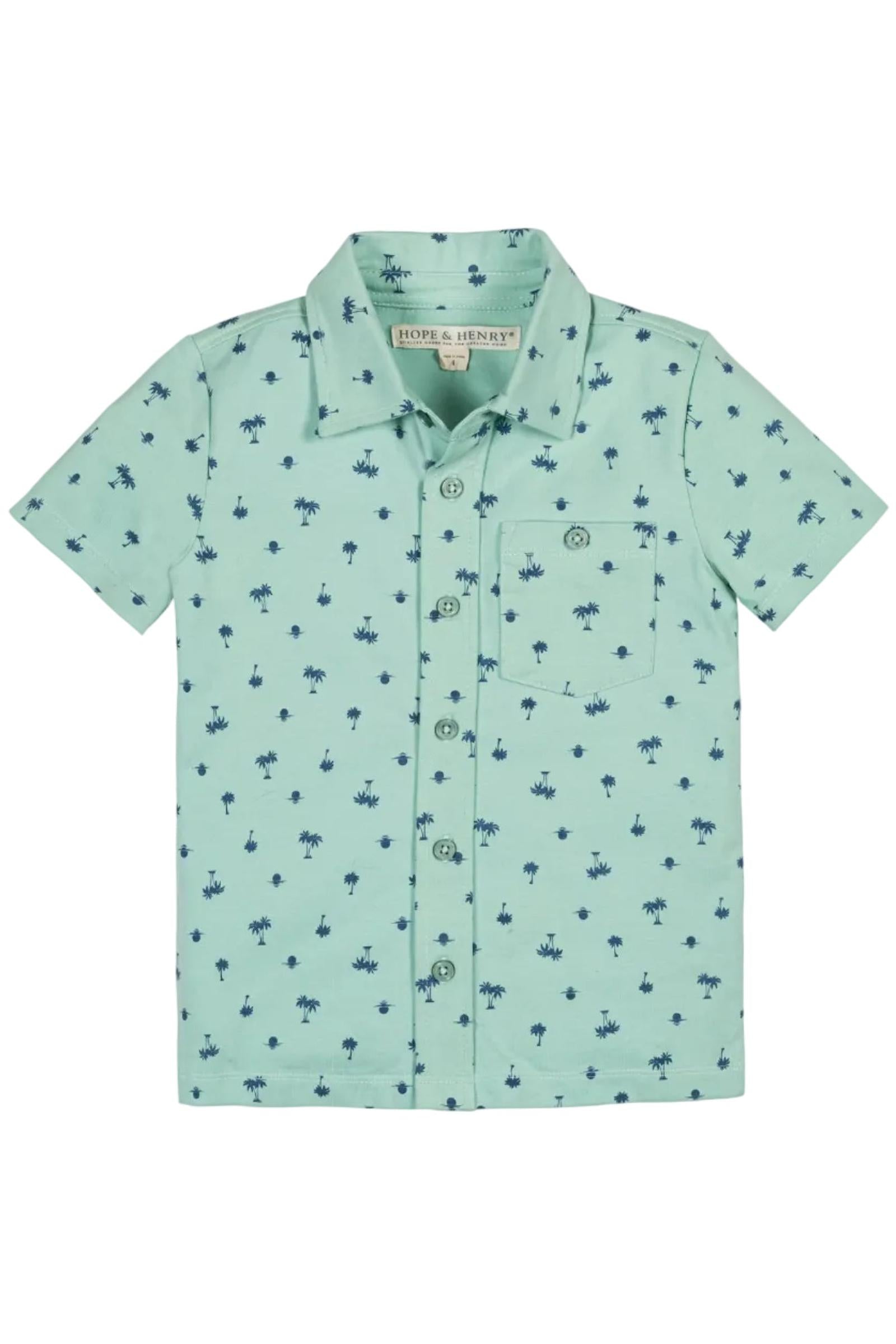 Organic Cotton Jersey Button Down Shirt, Tidal Palm Print, Sizes 2T-18