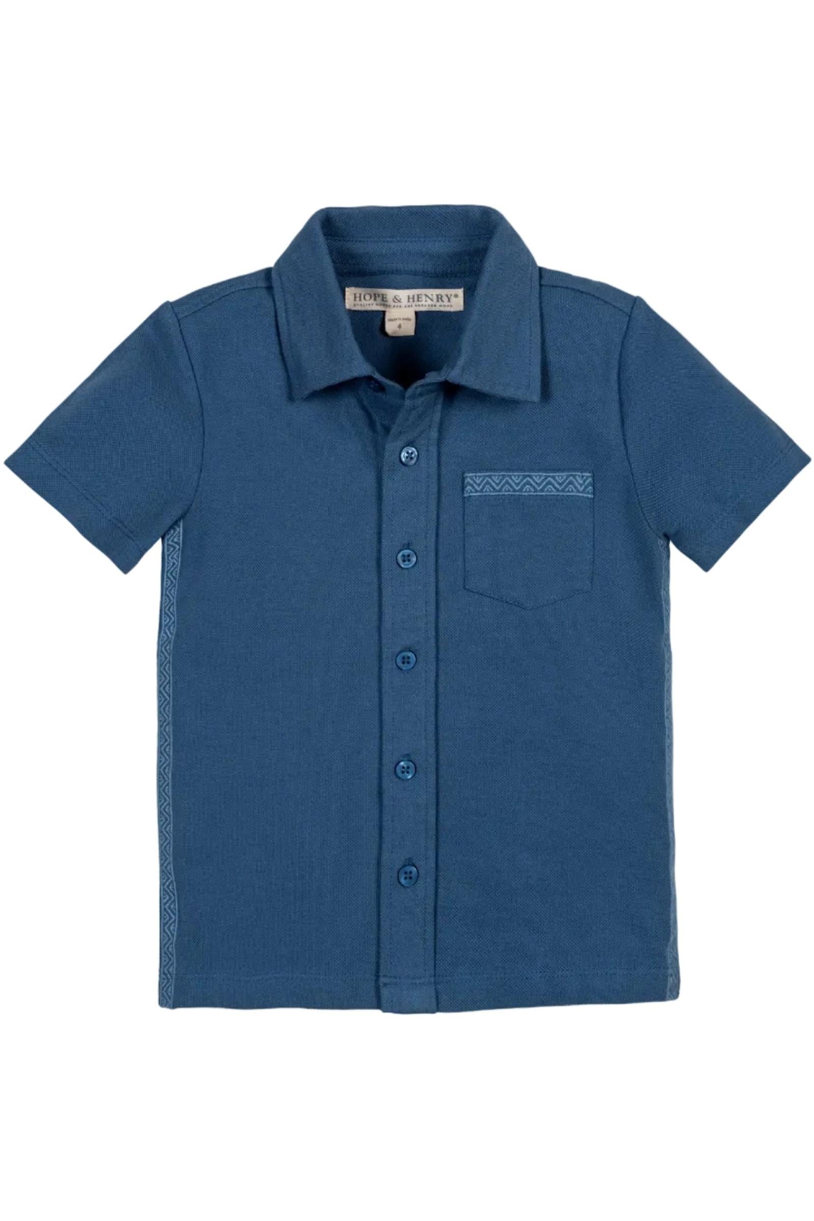 Organic Cotton Short Sleeve Pique Button Down Shirt, Stone Blue, Toddler & Kids