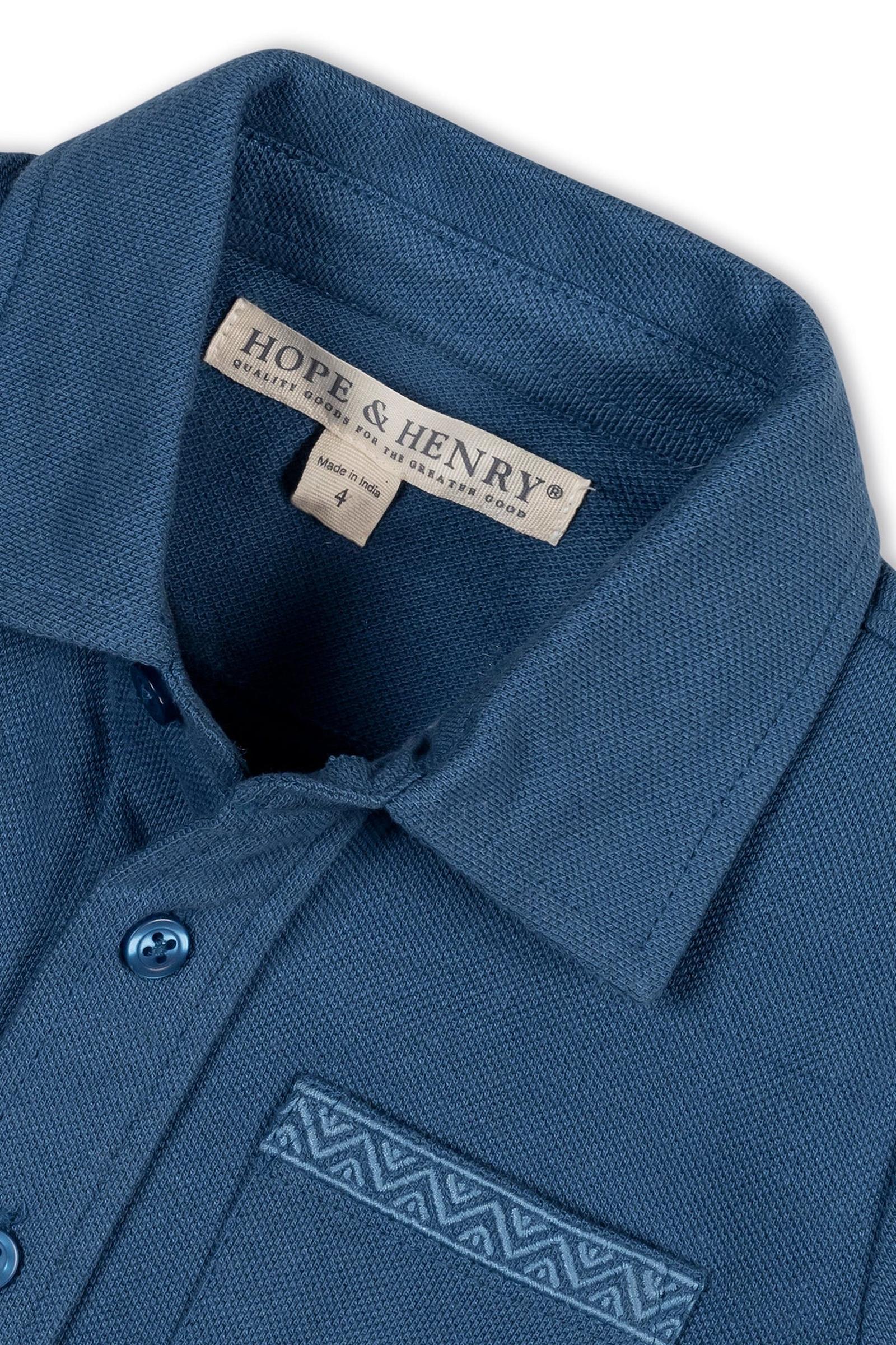 Organic Cotton Short Sleeve Pique Button Down Shirt, Stone Blue, Toddler & Kids