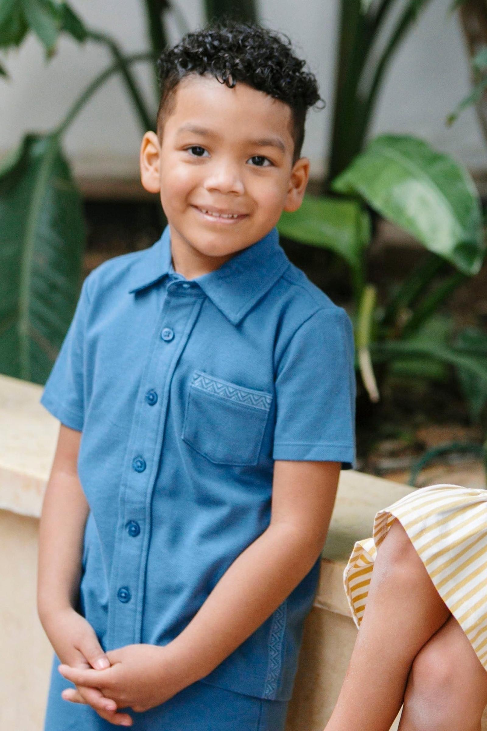 Organic Cotton Short Sleeve Pique Button Down Shirt, Stone Blue, Toddler & Kids