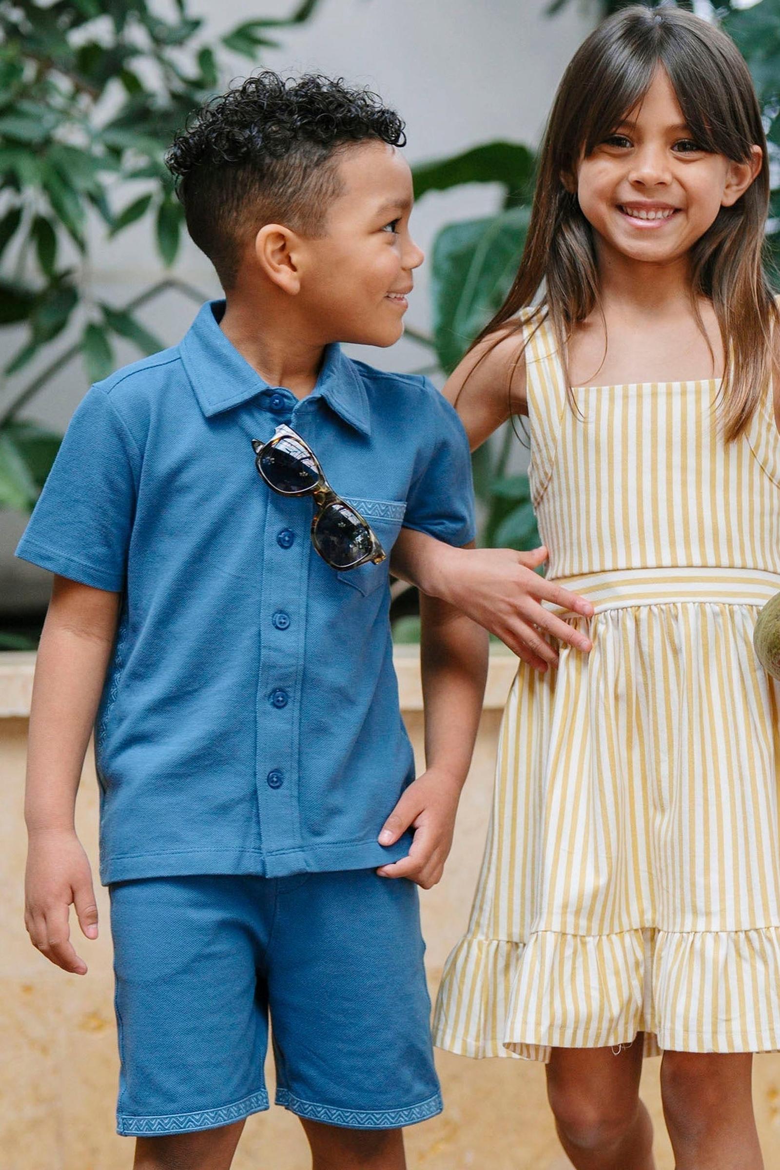 Organic Cotton Short Sleeve Pique Button Down Shirt, Stone Blue, Toddler & Kids