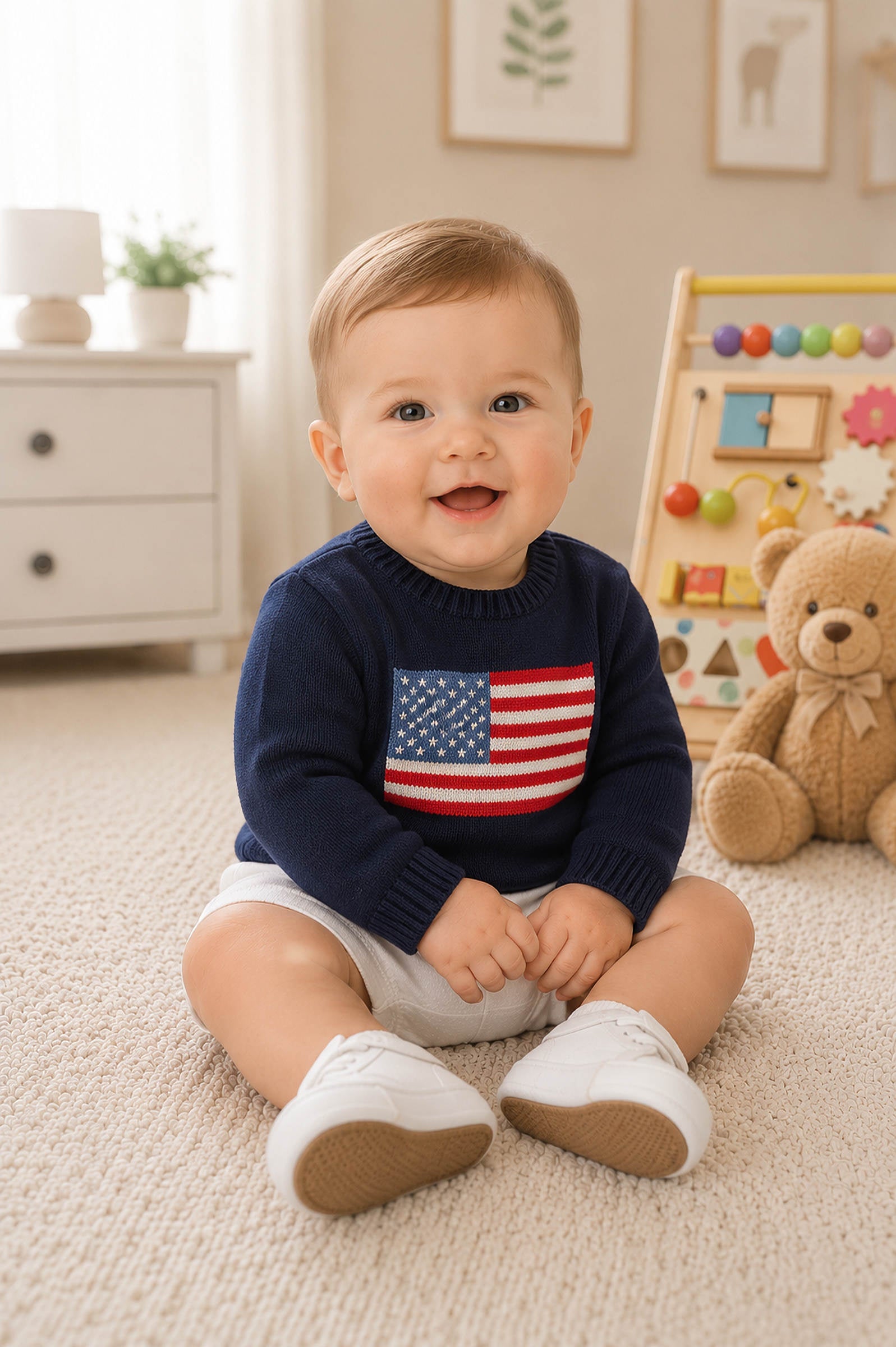 Organic Cotton Crew Neck Flag Sweater, Navy, Baby, Family Matching Outfits