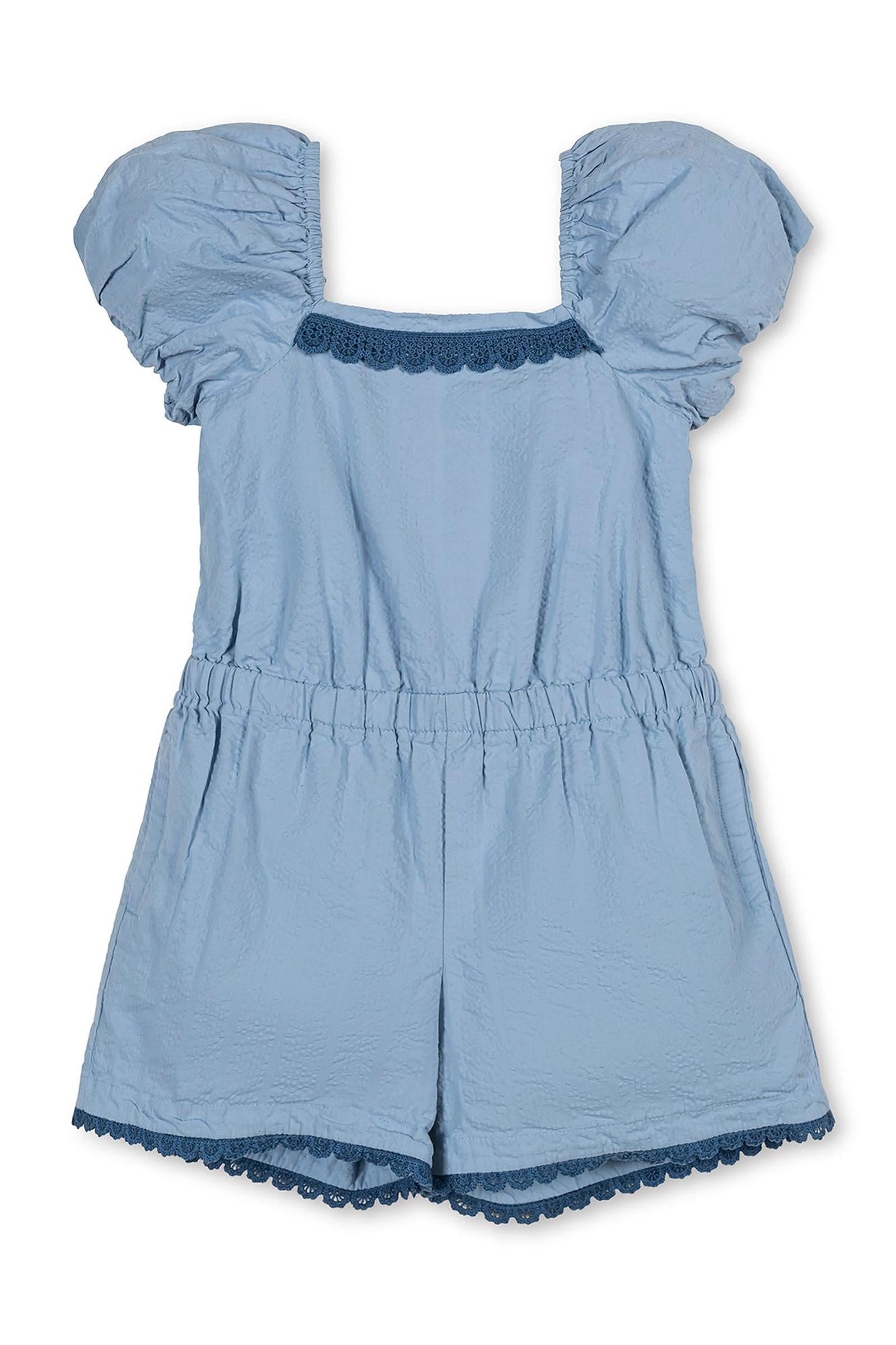 Organic Cotton Puff Sleeve Seersucker Romper, Bluebell, Toddler & Kids