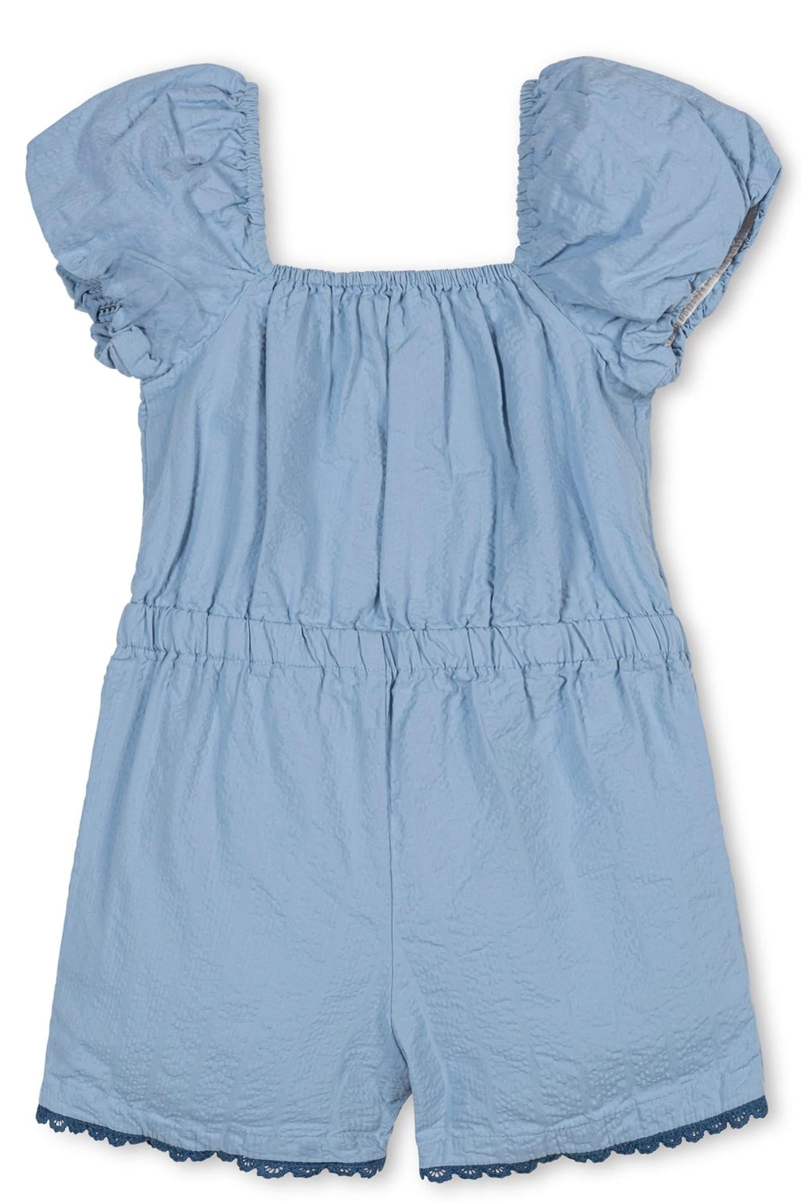 Organic Cotton Puff Sleeve Seersucker Romper, Bluebell, Toddler & Kids