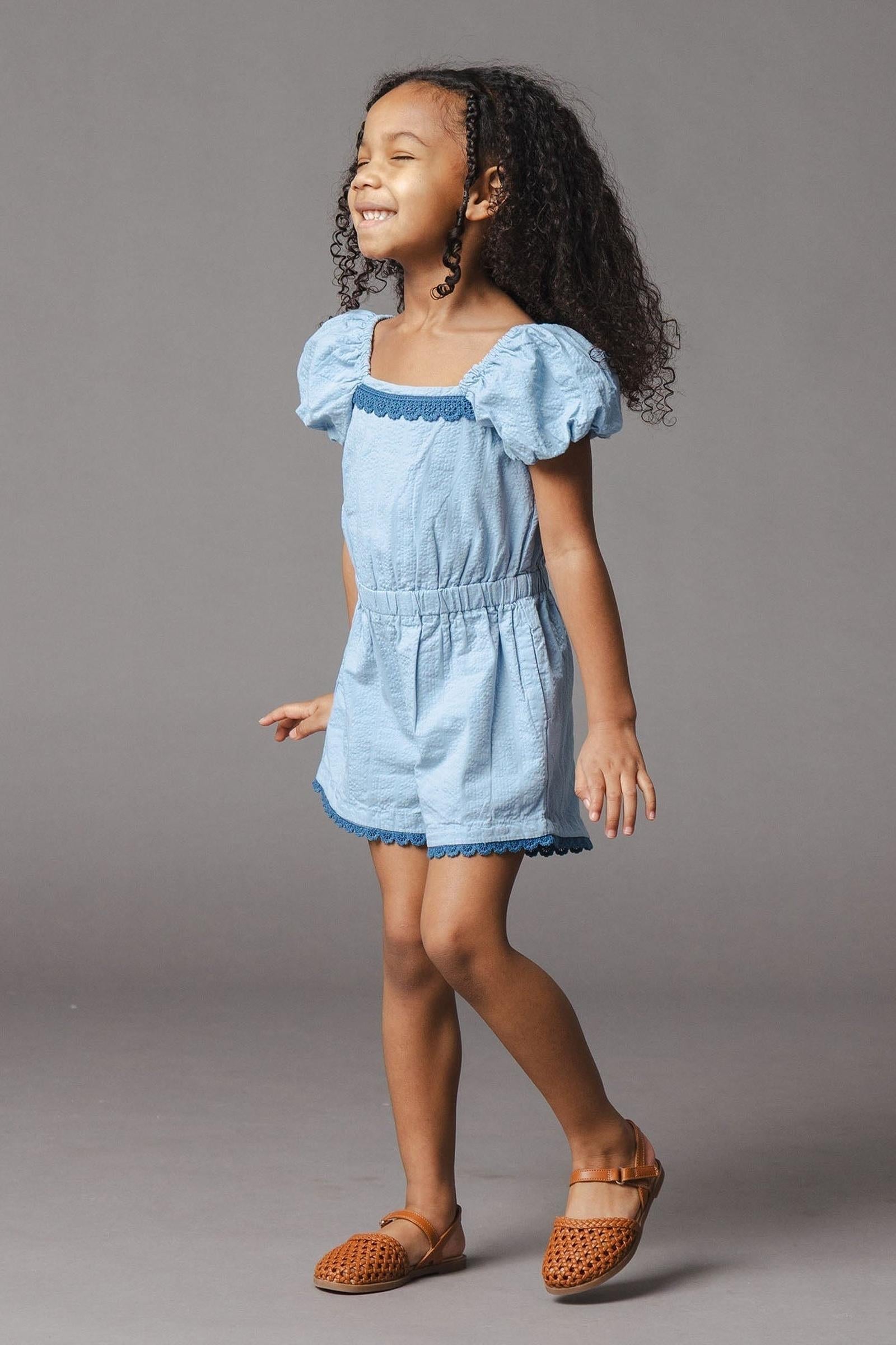 Organic Cotton Puff Sleeve Seersucker Romper, Bluebell, Toddler & Kids