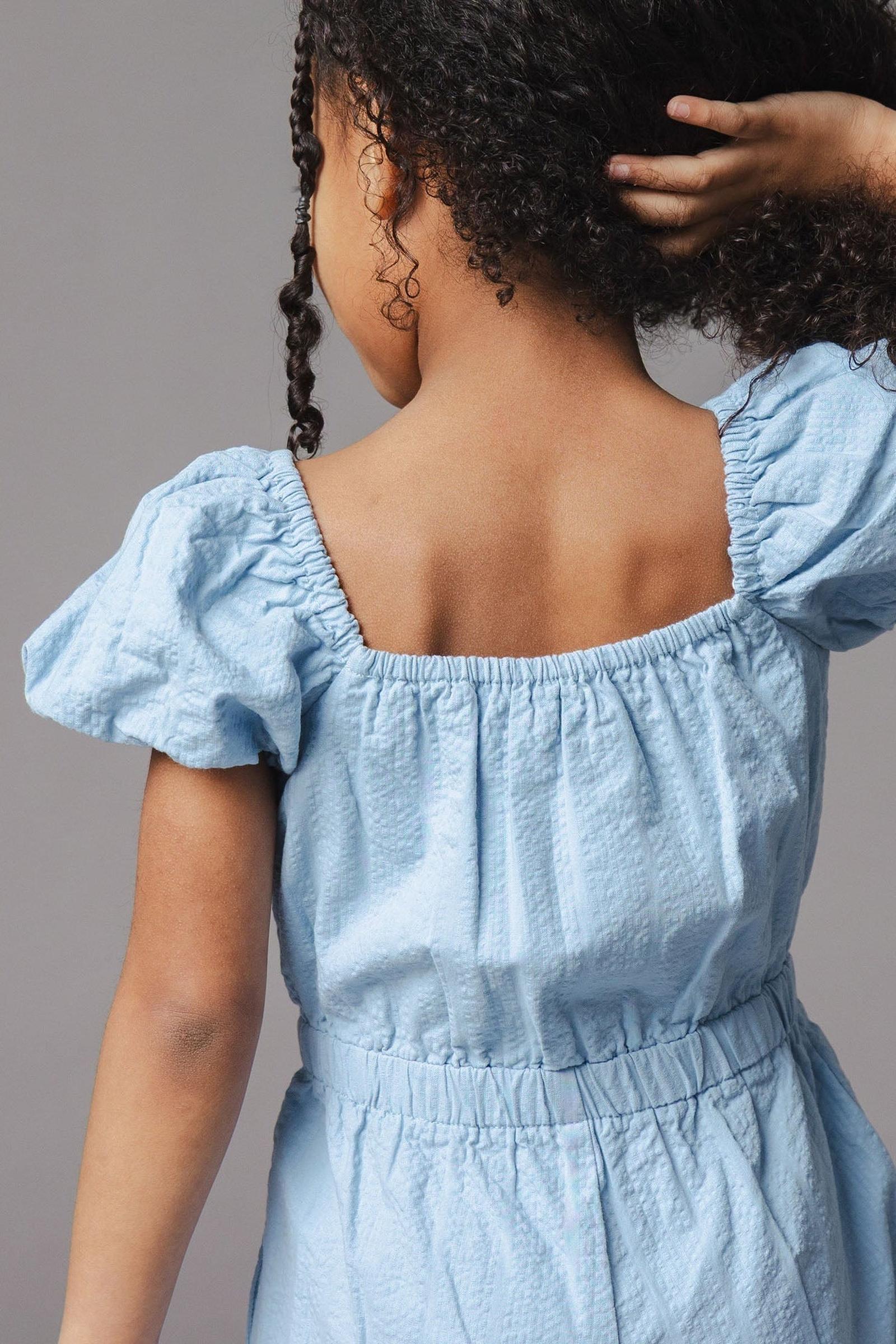 Organic Cotton Puff Sleeve Seersucker Romper, Bluebell, Toddler & Kids