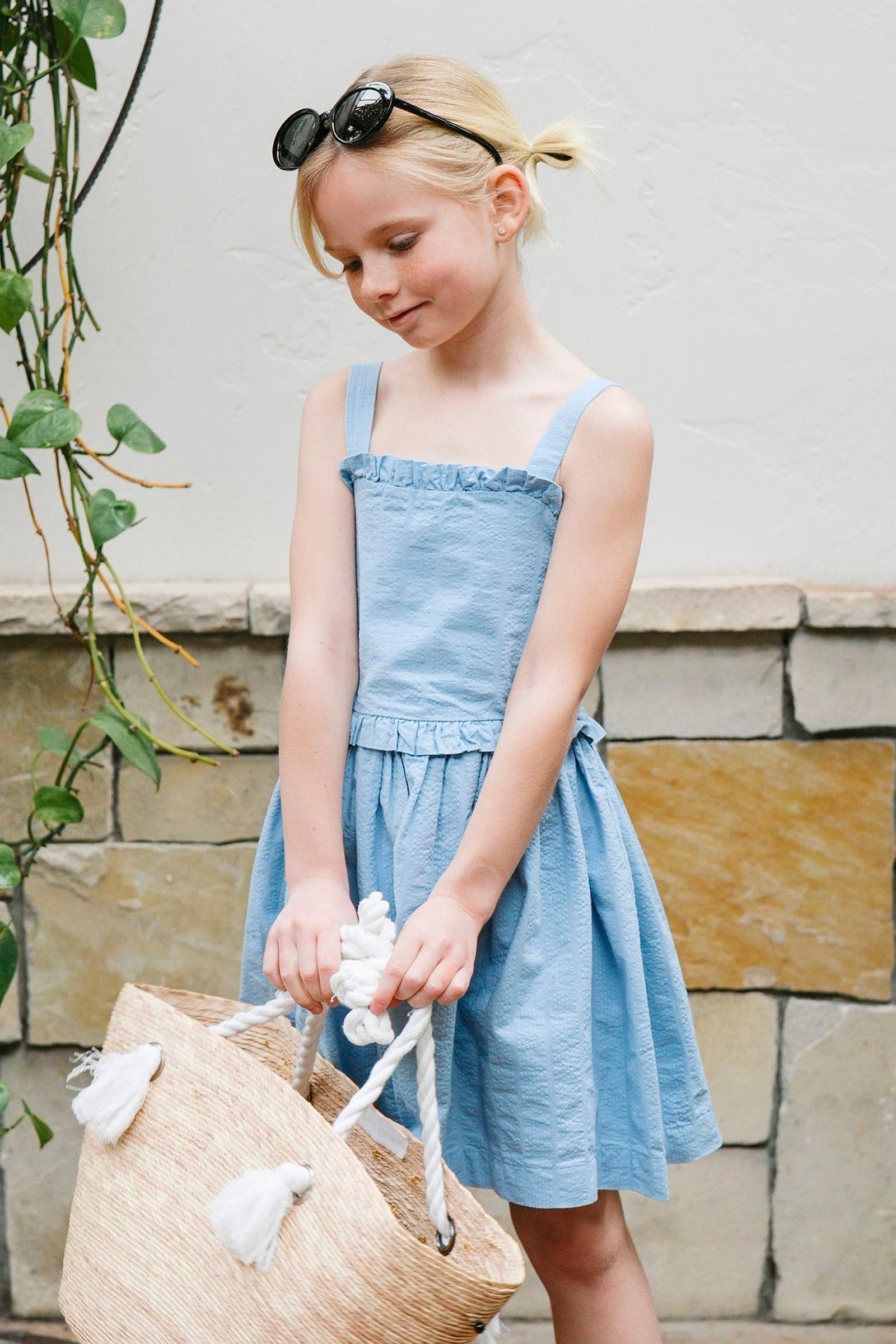 Organic Cotton Ruffle Edge Seersucker Dress, Bluebell, Sizes 2T-12