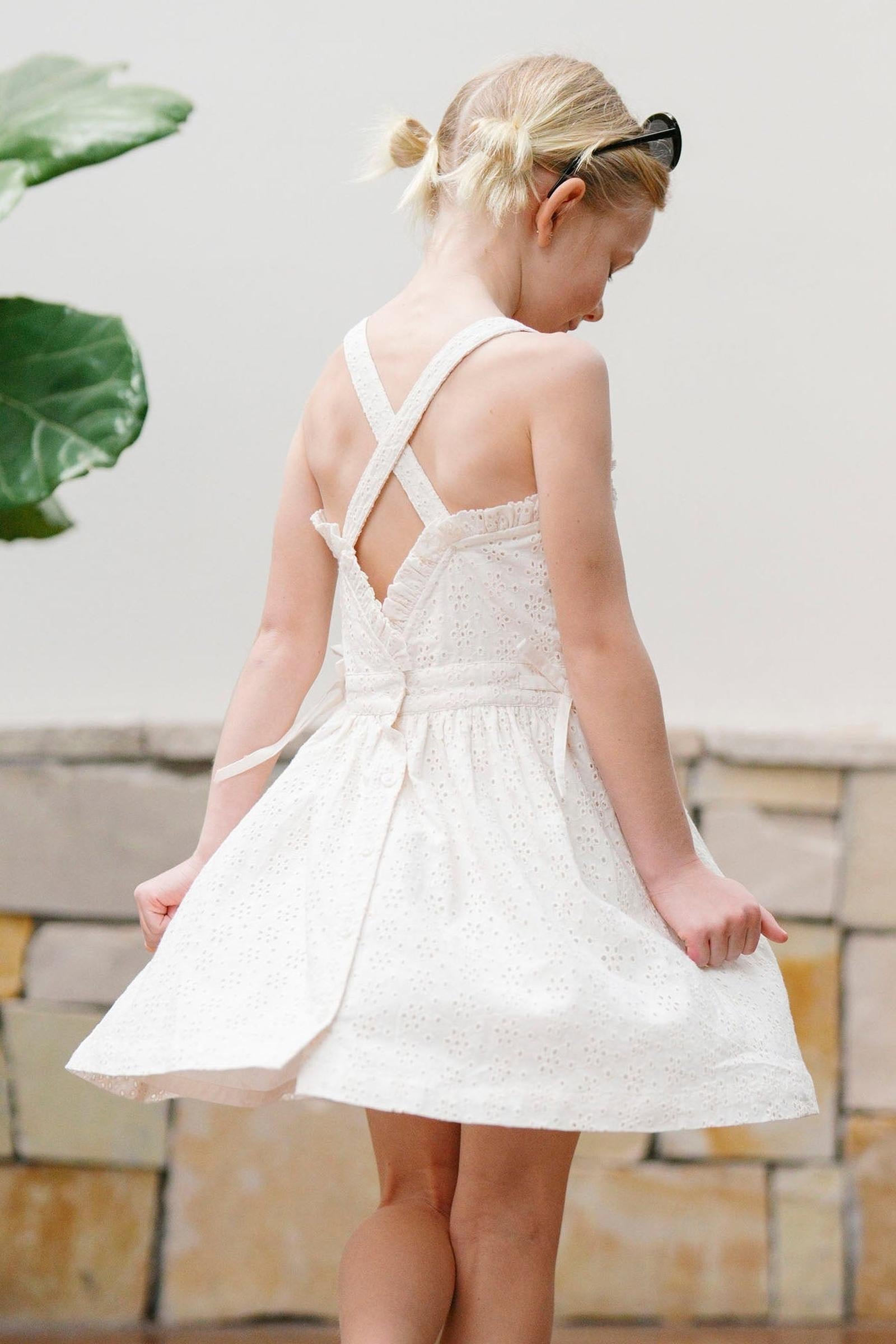 Organic Cotton Ruffle Edge Eyelet Dress, Natural, Sizes 2T-12