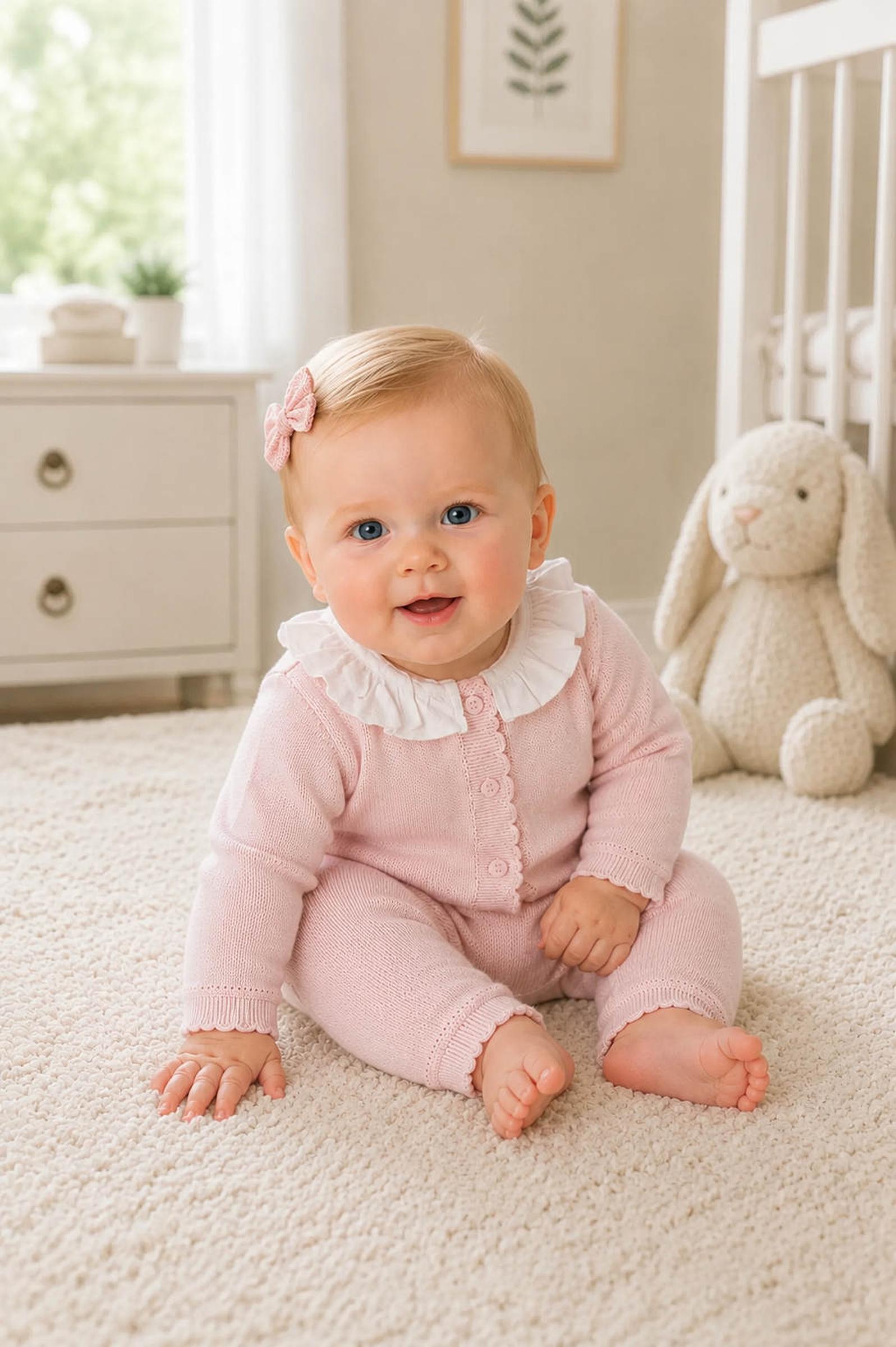 Organic Cotton Ruffle Collar Sweater Romper, Pale Pink, Baby