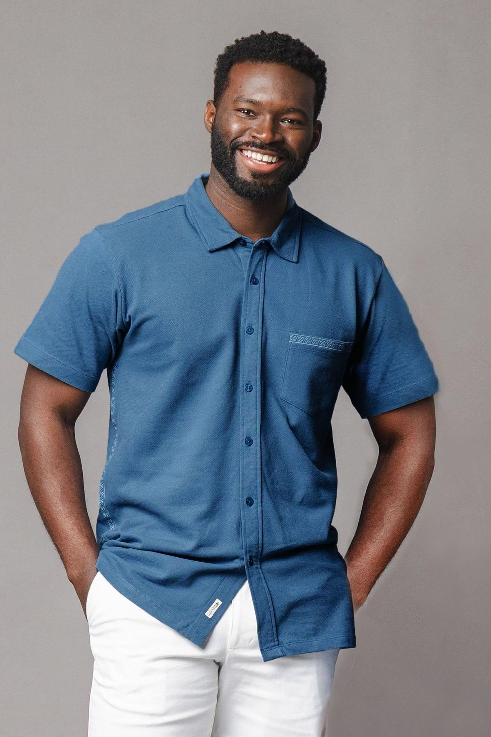 Organic Cotton Pique Short Sleeve Shirt, Stone Blue, Men, Family Matching Outfits