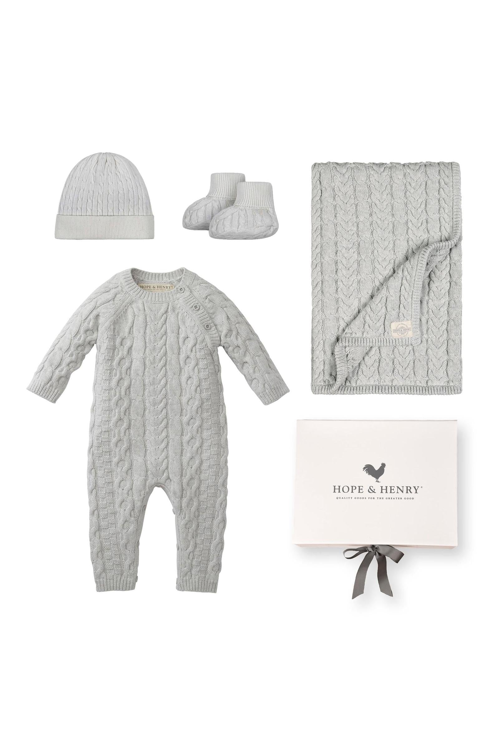 Baby Organic Cable Romper 4-Piece Boxed Gift Set, Light Gray Heather