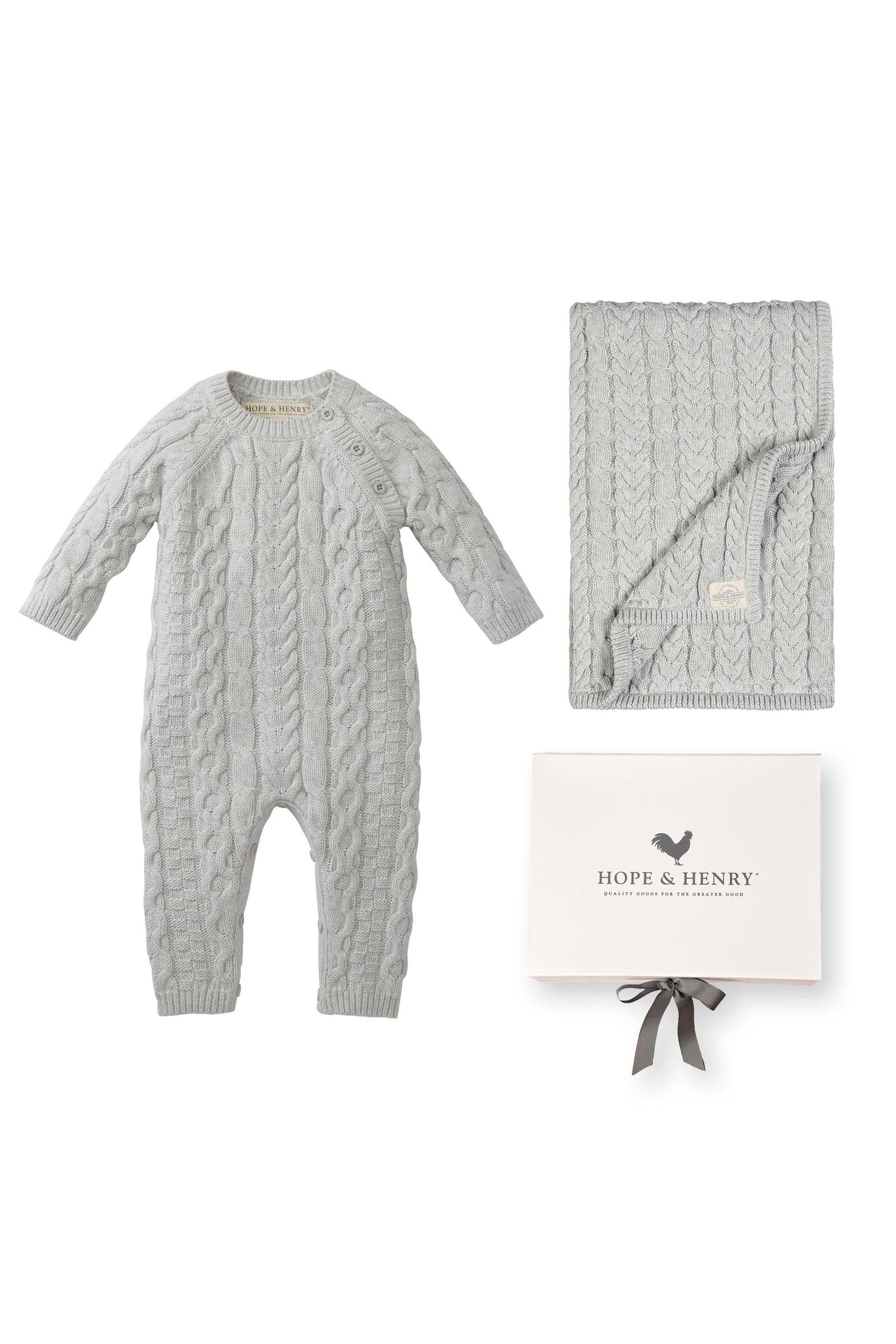 Baby Organic Cable Romper 2-Piece Boxed Gift Set, Light Gray Heather