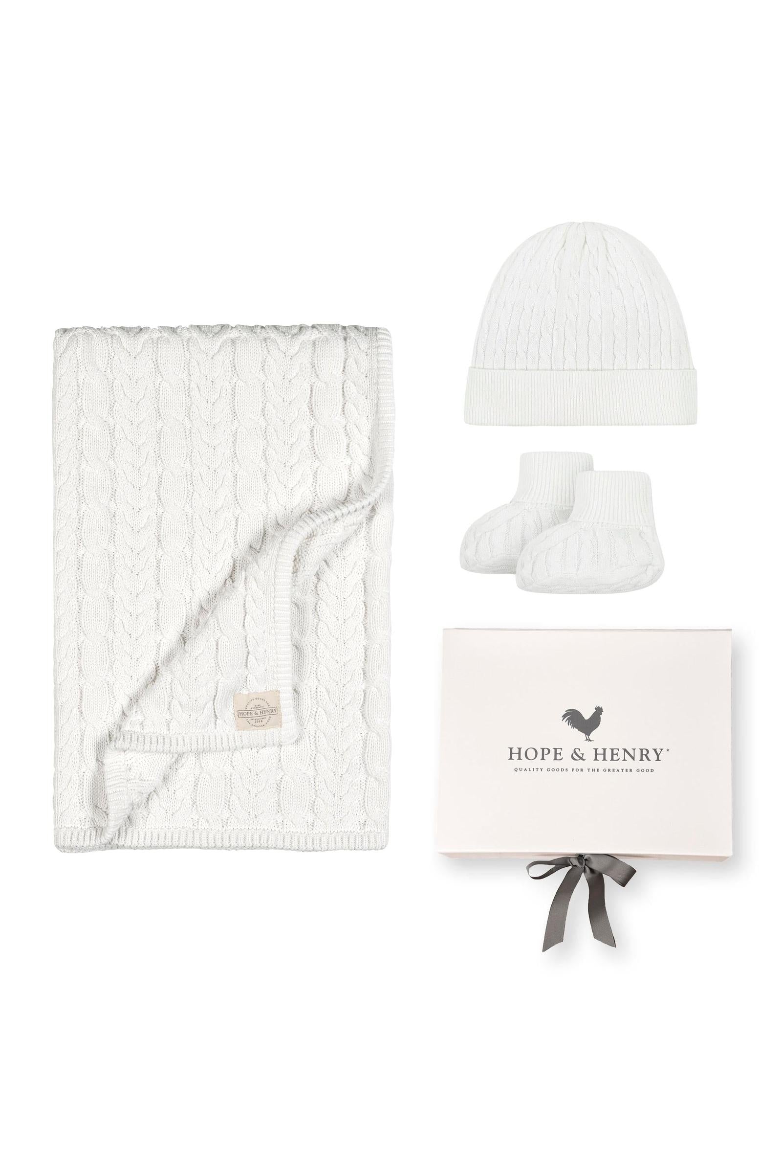 Baby Organic Cable Knit Blanket 3-Piece Boxed Gift Set, Snow White