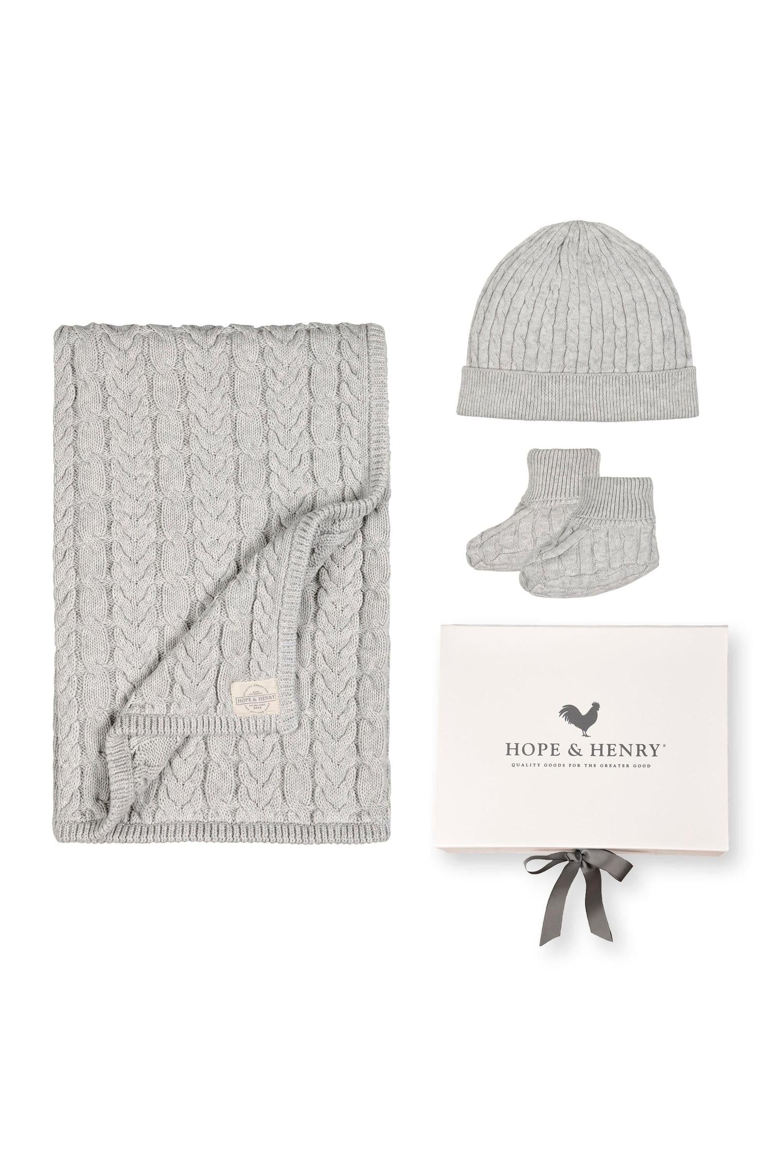 Baby Organic Cable Knit Blanket 3-Piece Boxed Gift Set, Light Gray Heather