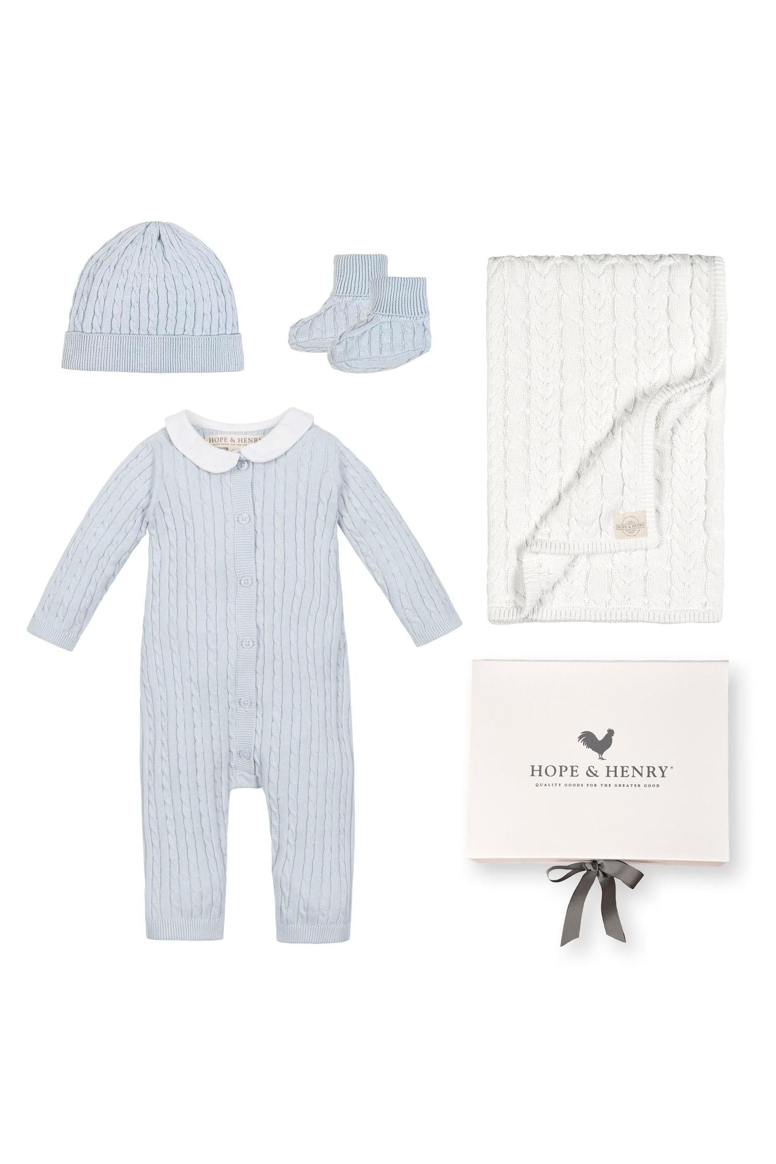 Baby Organic Peter Pan Collar Romper 4-Piece Boxed Gift Set, Pale Blue
