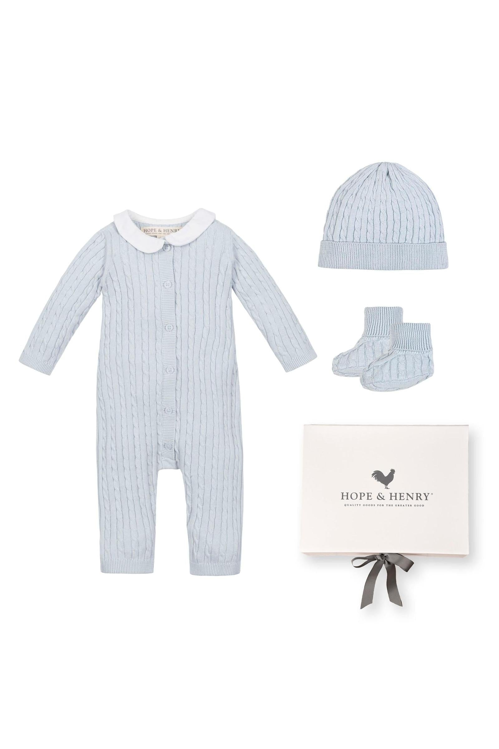 Baby Organic Peter Pan Collar Romper 3-Piece Boxed Gift Set, Pale Blue