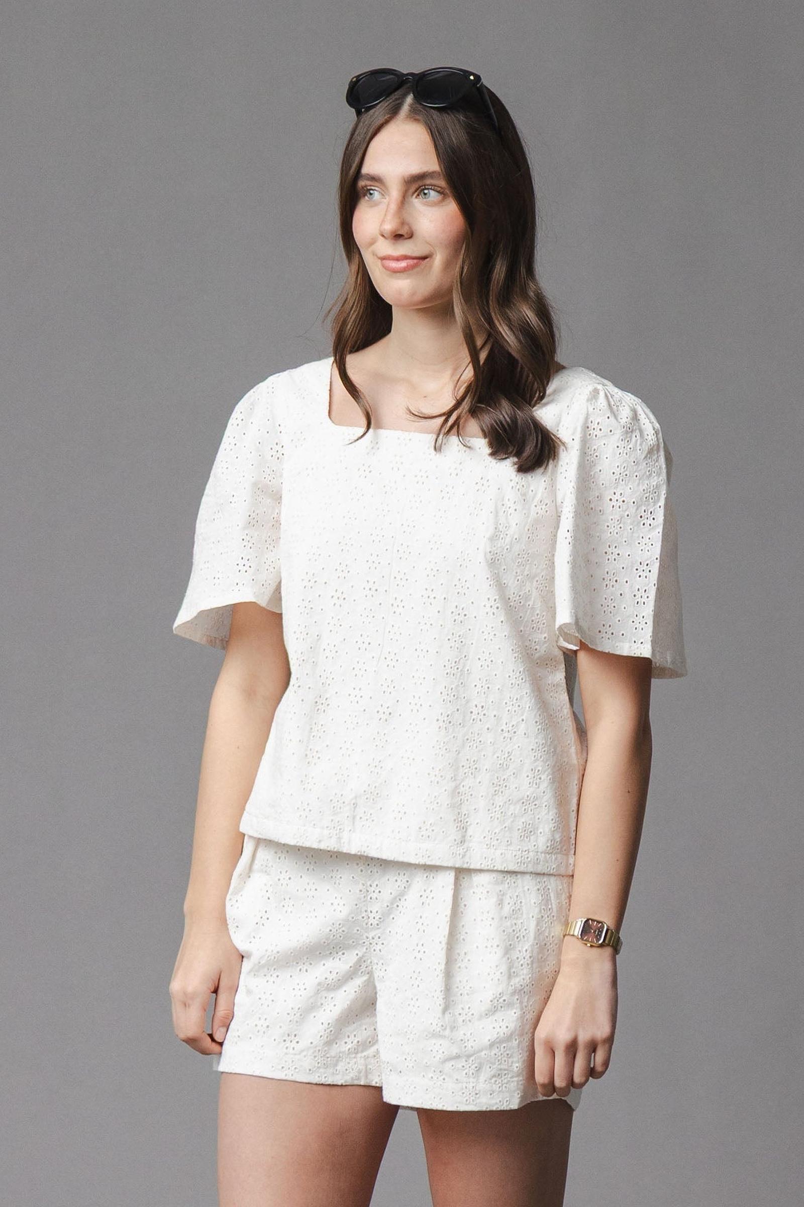 Organic Cotton Flounce Sleeve Eyelet Top, Natural, Women, Family Matching Outfits