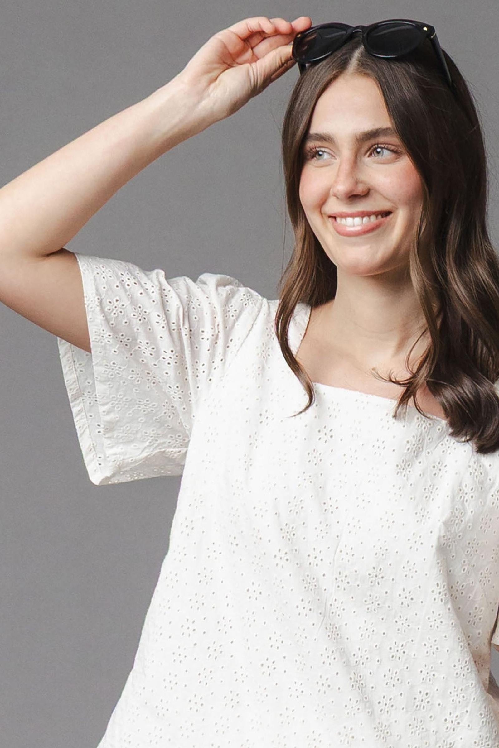 Organic Cotton Flounce Sleeve Eyelet Top, Natural, Women, Family Matching Outfits