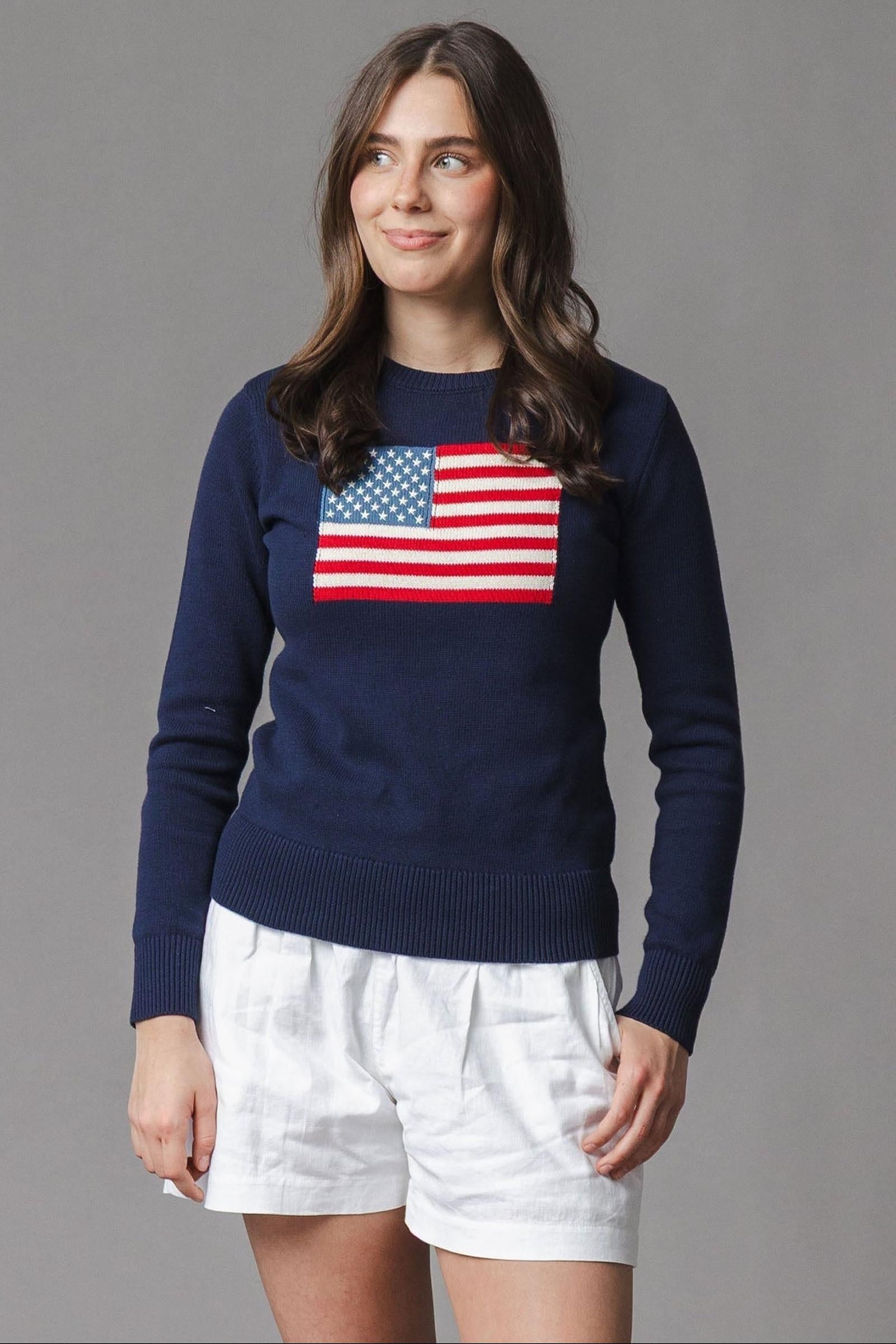 Organic Cotton Crew Neck Flag Sweater, Navy, Women, Family Matching Outfits
