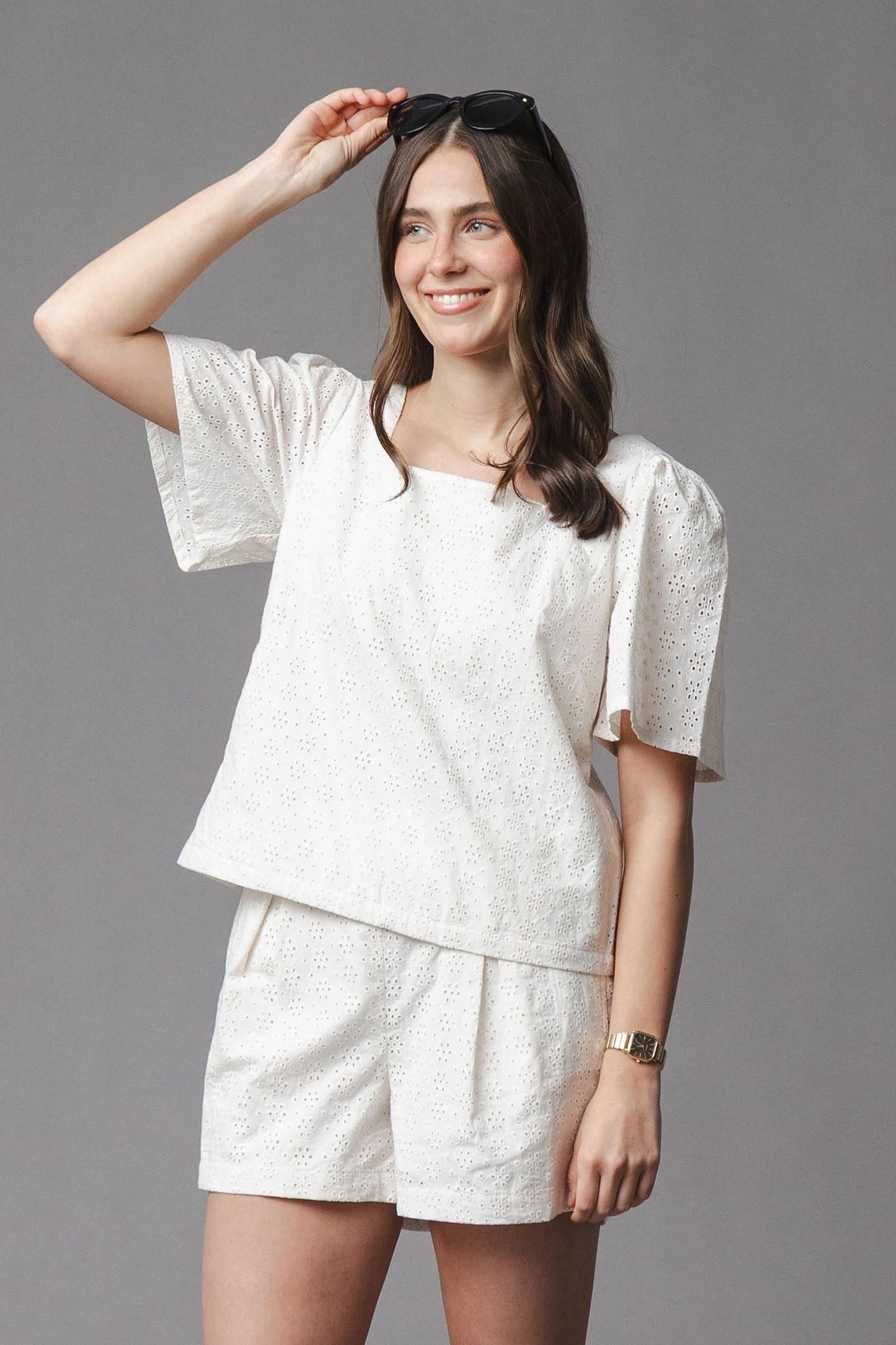 Organic Cotton Eyelet Button Tab Short, Natural, Women, Family Matching Outfits