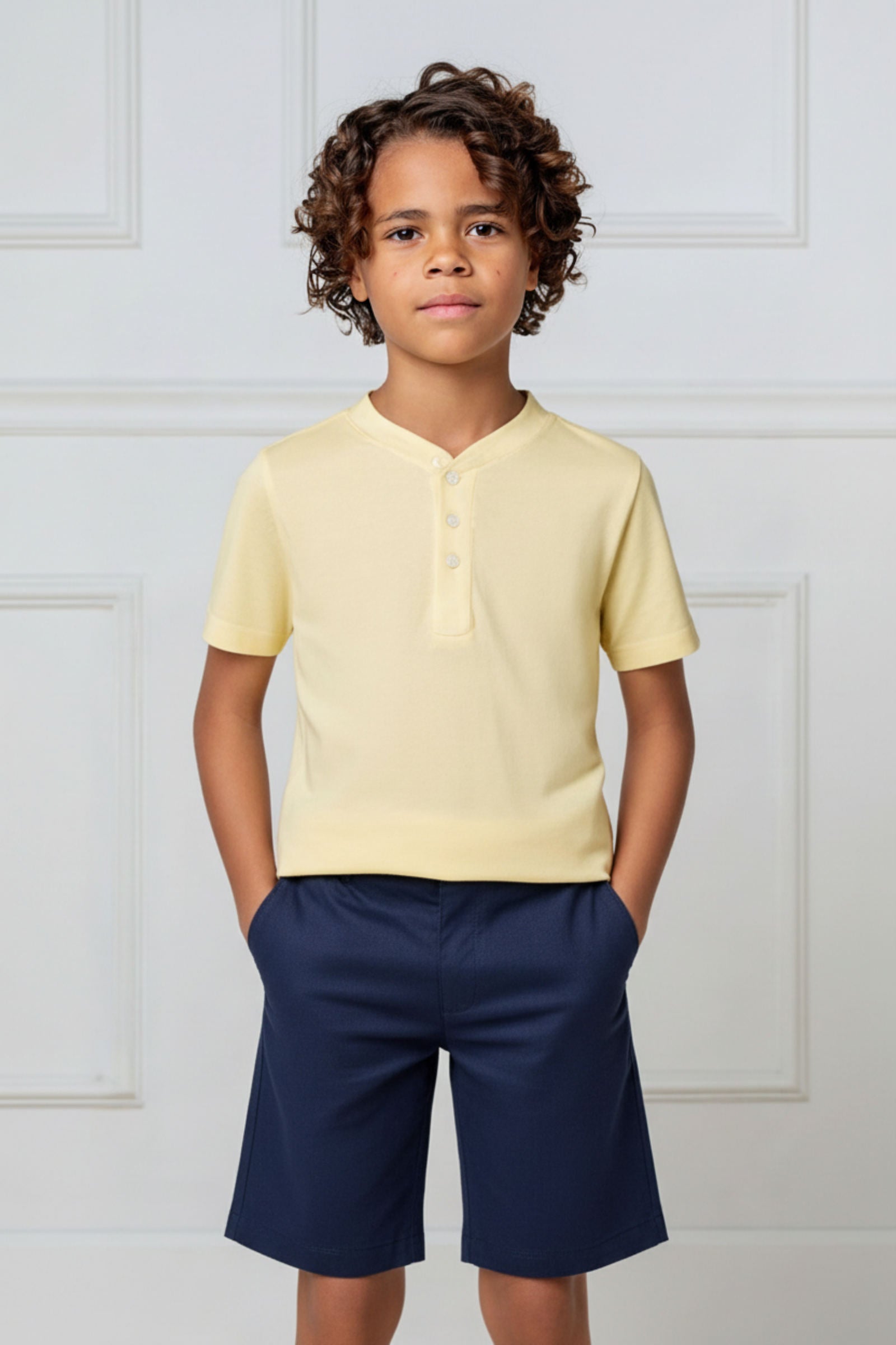 Pale Yellow Organic Cotton Short Sleeve Henley T-Shirt for Boys, Sizes 2T-18
