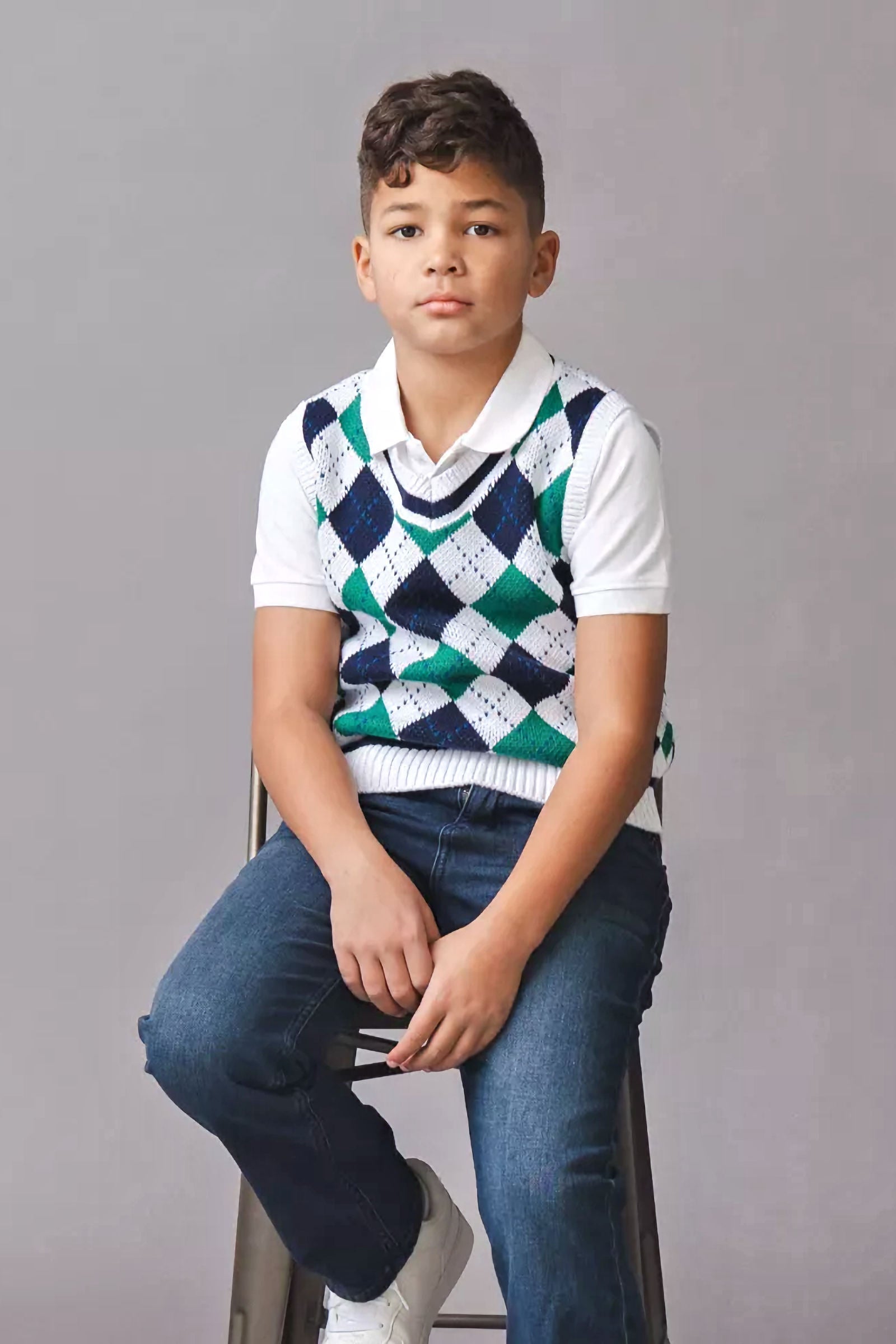 Organic Cotton Argyle Sweater Vest for Boys, White & Green, Size 2T-18