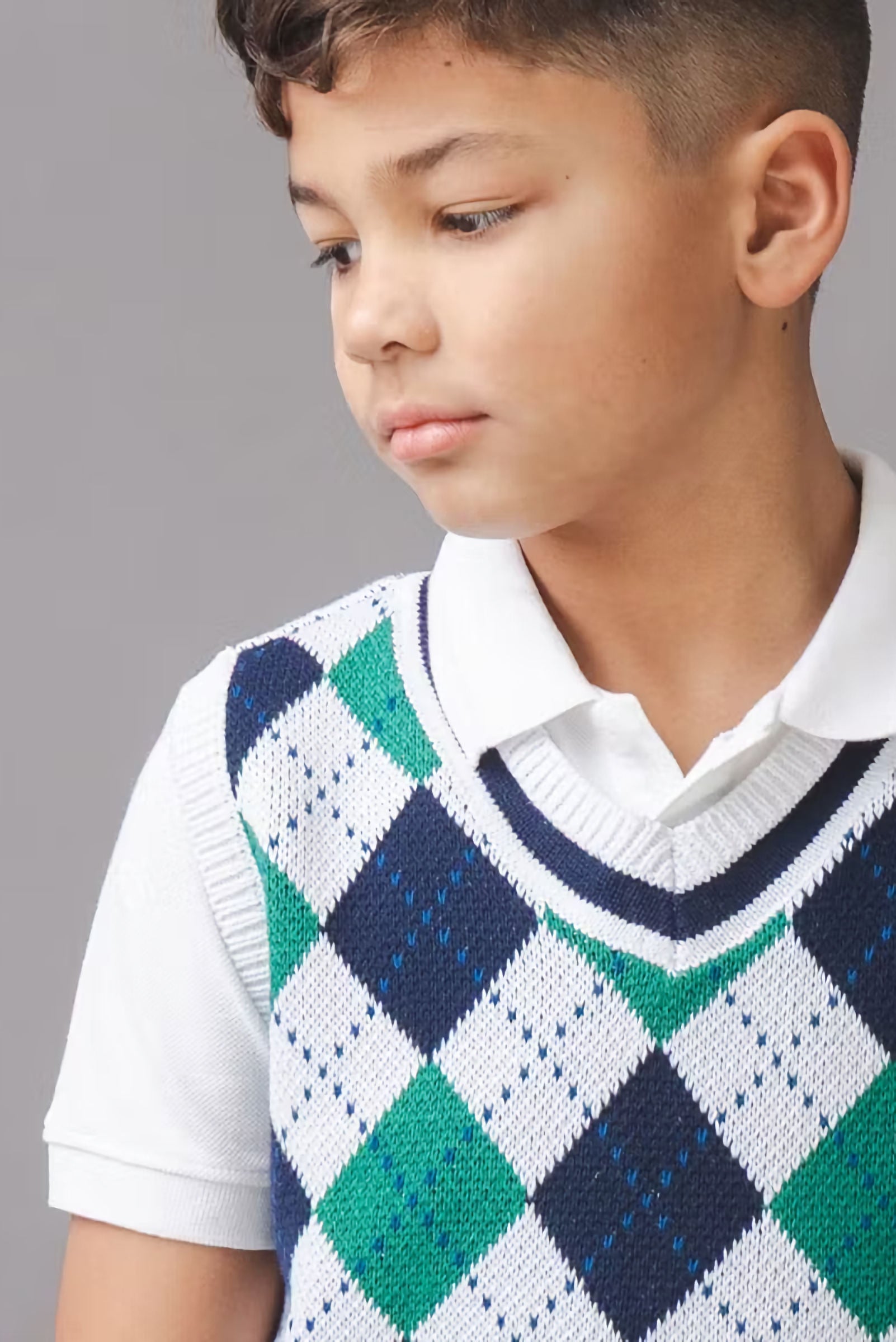 Organic Cotton Argyle Sweater Vest for Boys, White & Green, Size 2T-18